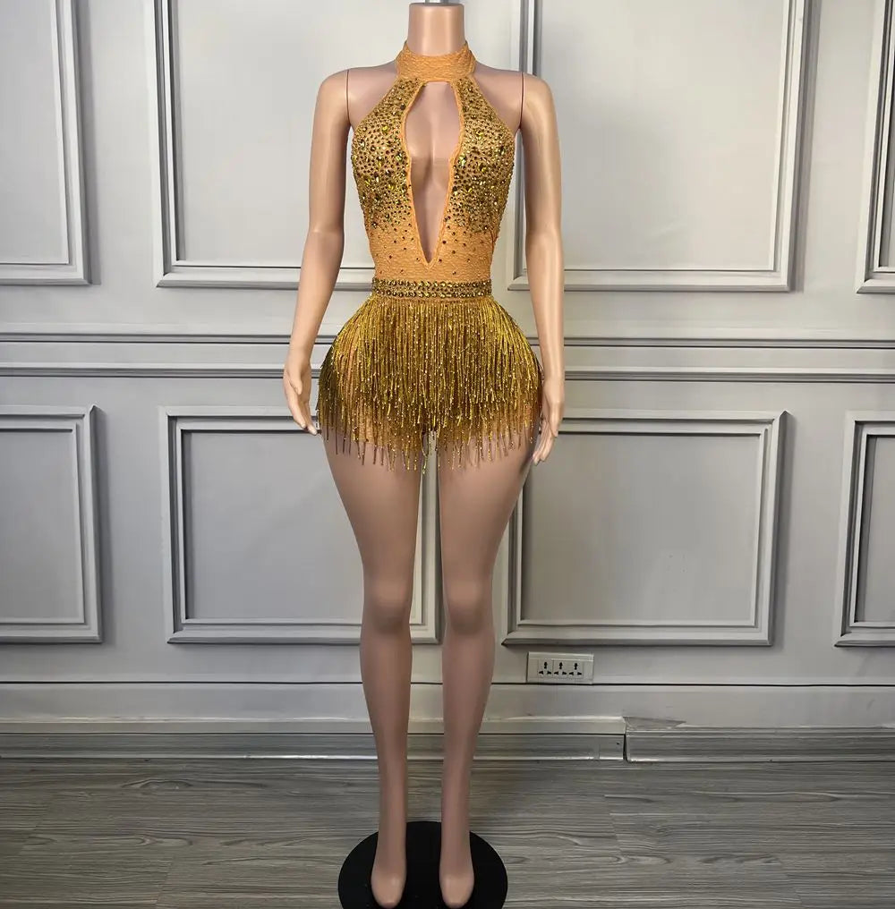 Sparkly Rhinestone Tassel Halter Bodysuit Deep V Backless Stage Dance Leotard