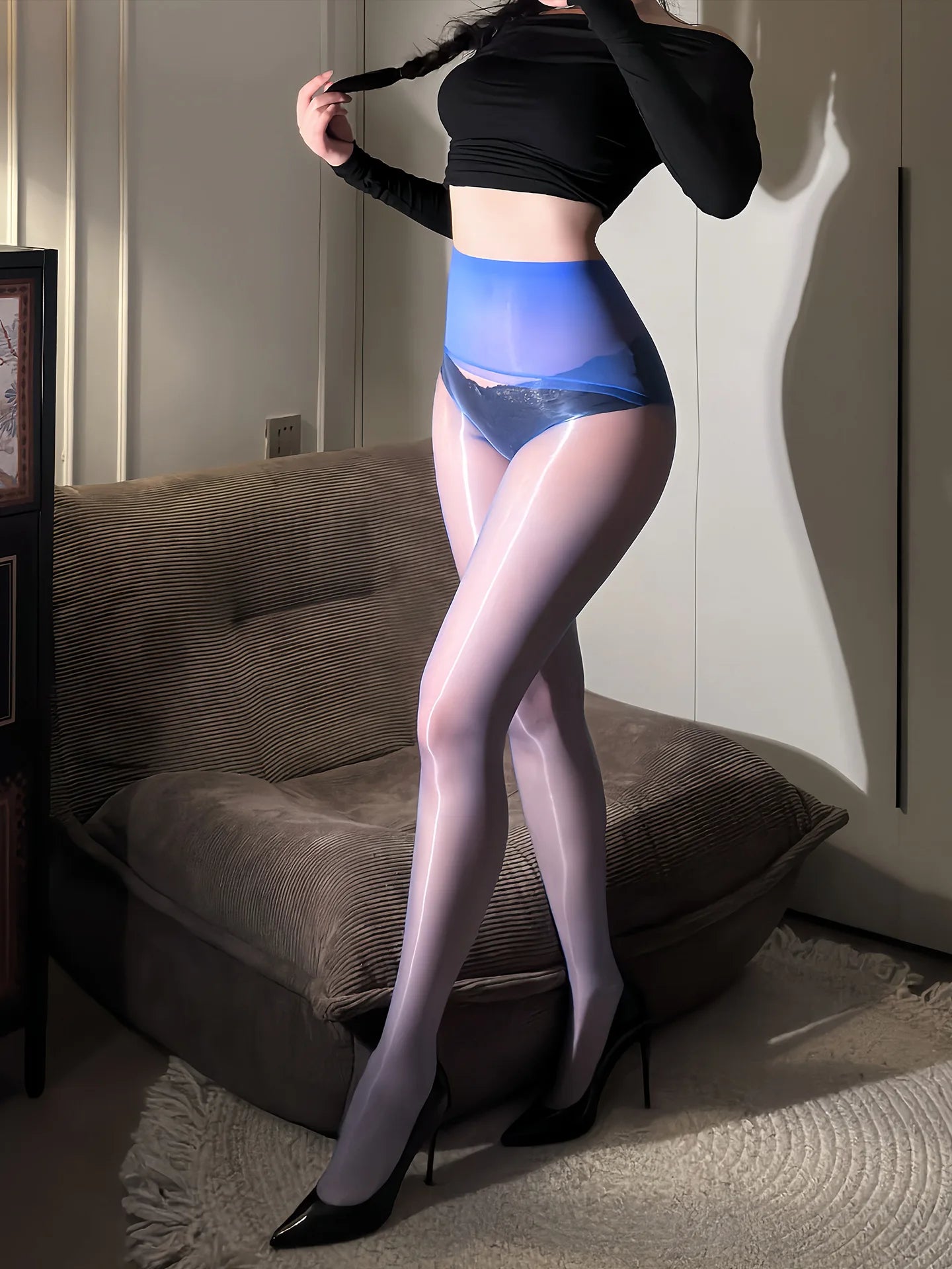 Sexy Women 5D Thin Seamless Elastic Oil Glossy Shiny Sockings Sheer See Through Tights Open Crotch Maid Shaping Pantyhose