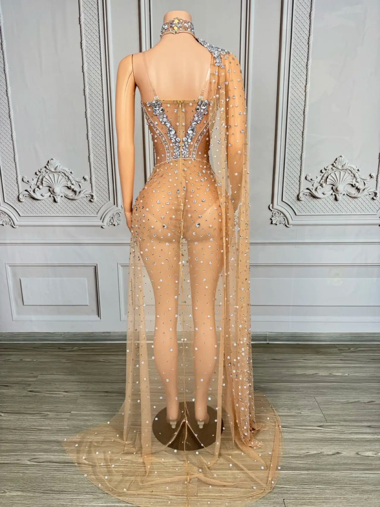 Sparkly Rhinestone & Pearl Mesh Evening Gown with Cloak Sleeves Stage Costume