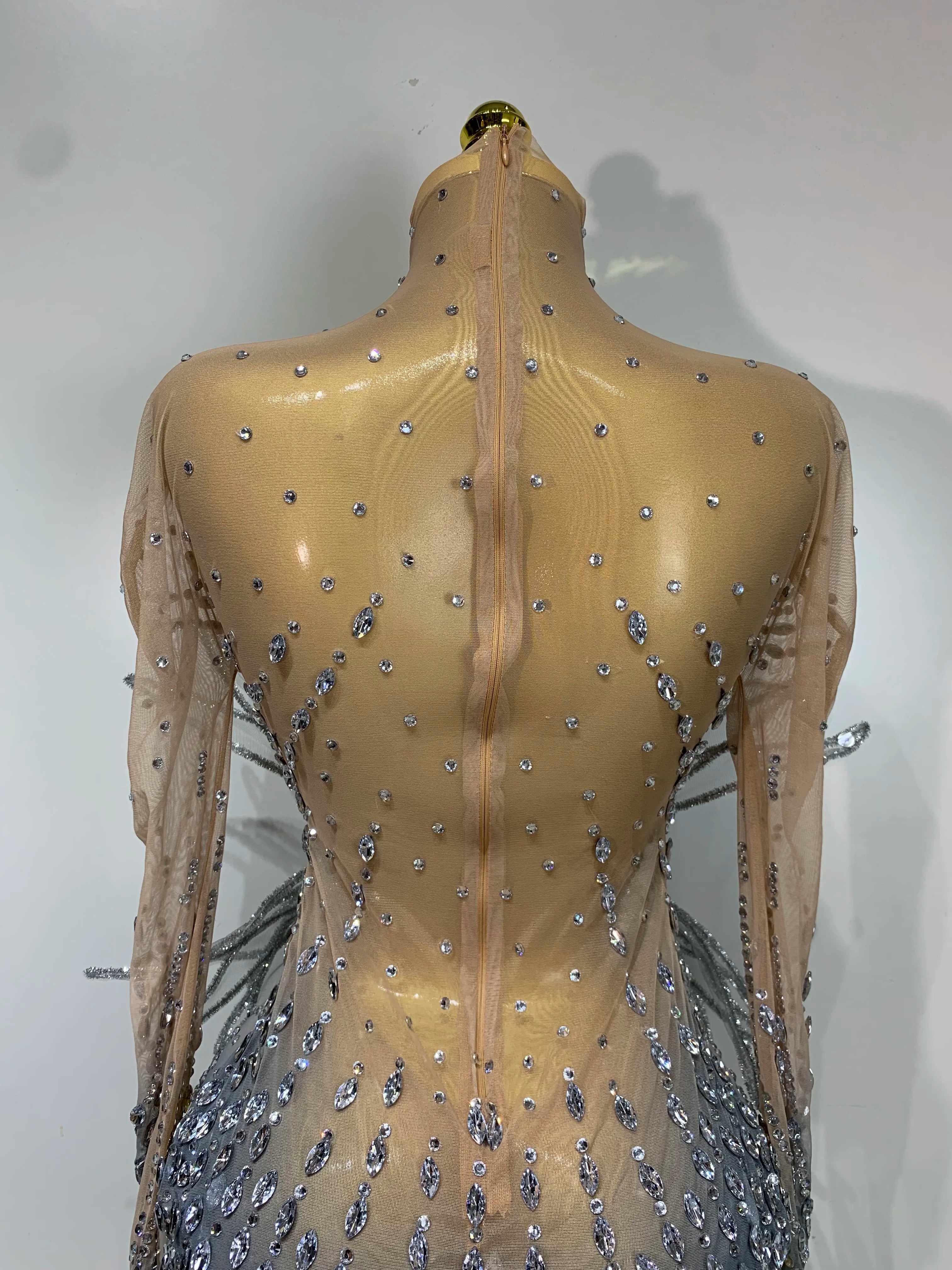 Luxury Shining Diamond See-Through Mesh Bodysuit Stage Performance Jumpsuit