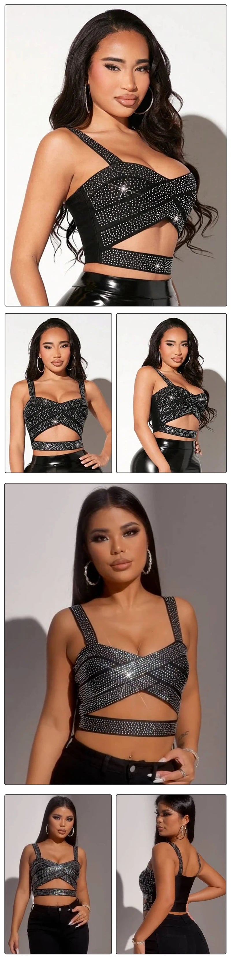 Black Crystal Strap Cutout Crop Top