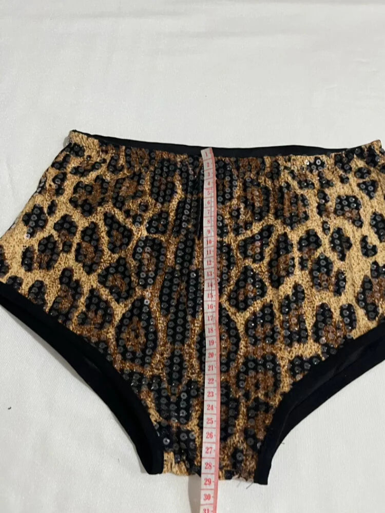 Sequined Top & High-Waist Leopard Print Shorts 2-Piece Gogo Dance Set