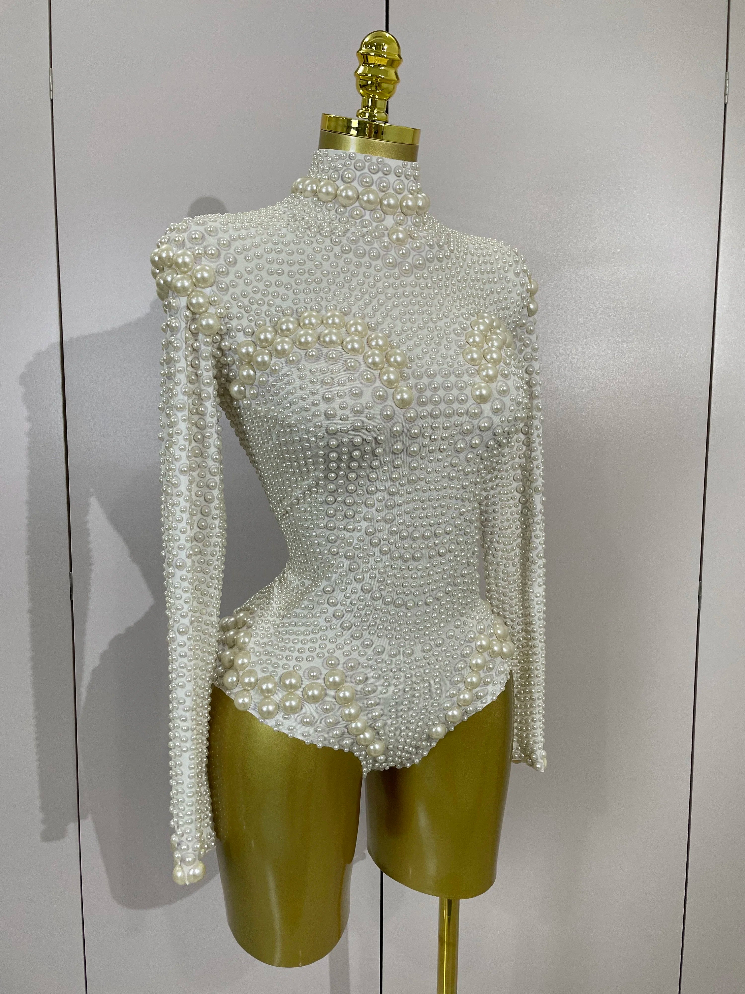Luxury Full Pearl Long-Sleeved Stage Bodysuit Leotard Evening Performance Costume