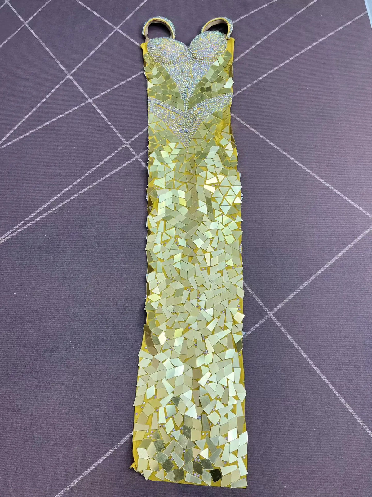 Women's Red & Gold Rhinestone Mirror Suspender Dress | Sparkly Elegant Gown for Red Carpet & Stage
