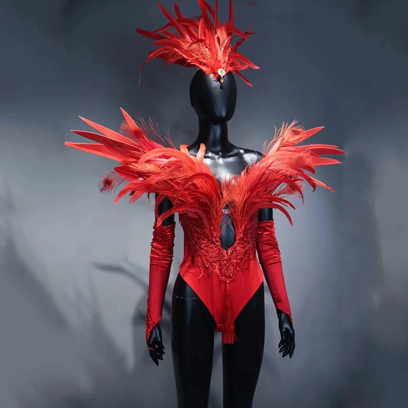 Red Feather Winged Bodysuit Drag Queen & Showgirl Carnival Stage Costume
