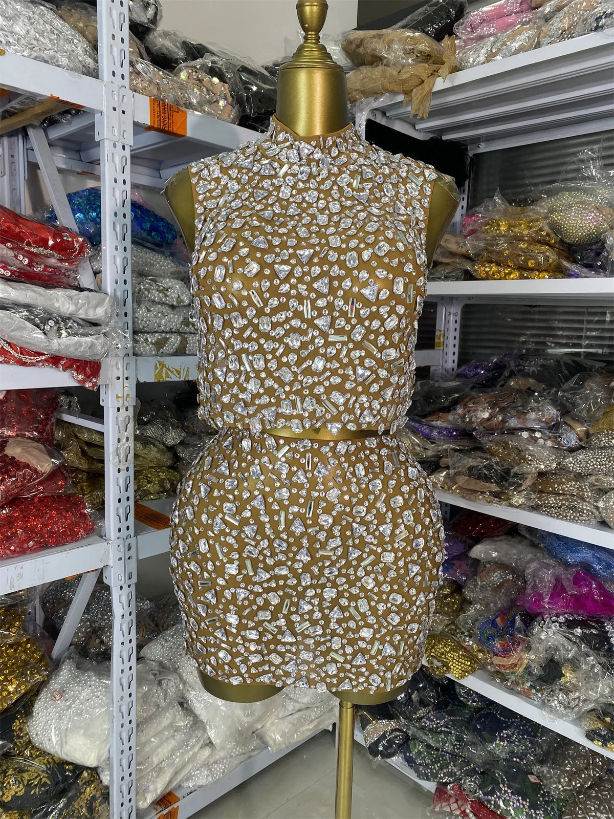 Vintage-Inspired Sparkly Rhinestones Two-Piece Backless Top And Mini Skirt Set