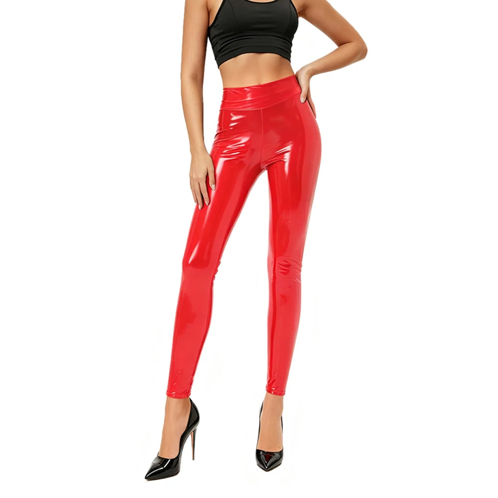 Glossy PVC Wet-Look Zipper Open Crotch Faux Leather Trousers Pencil Pants