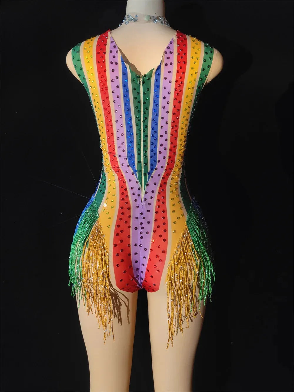 Rainbow Stripe Rhinestone Fringe Bodysuit Colorful Crystal Stage Dance Leotard