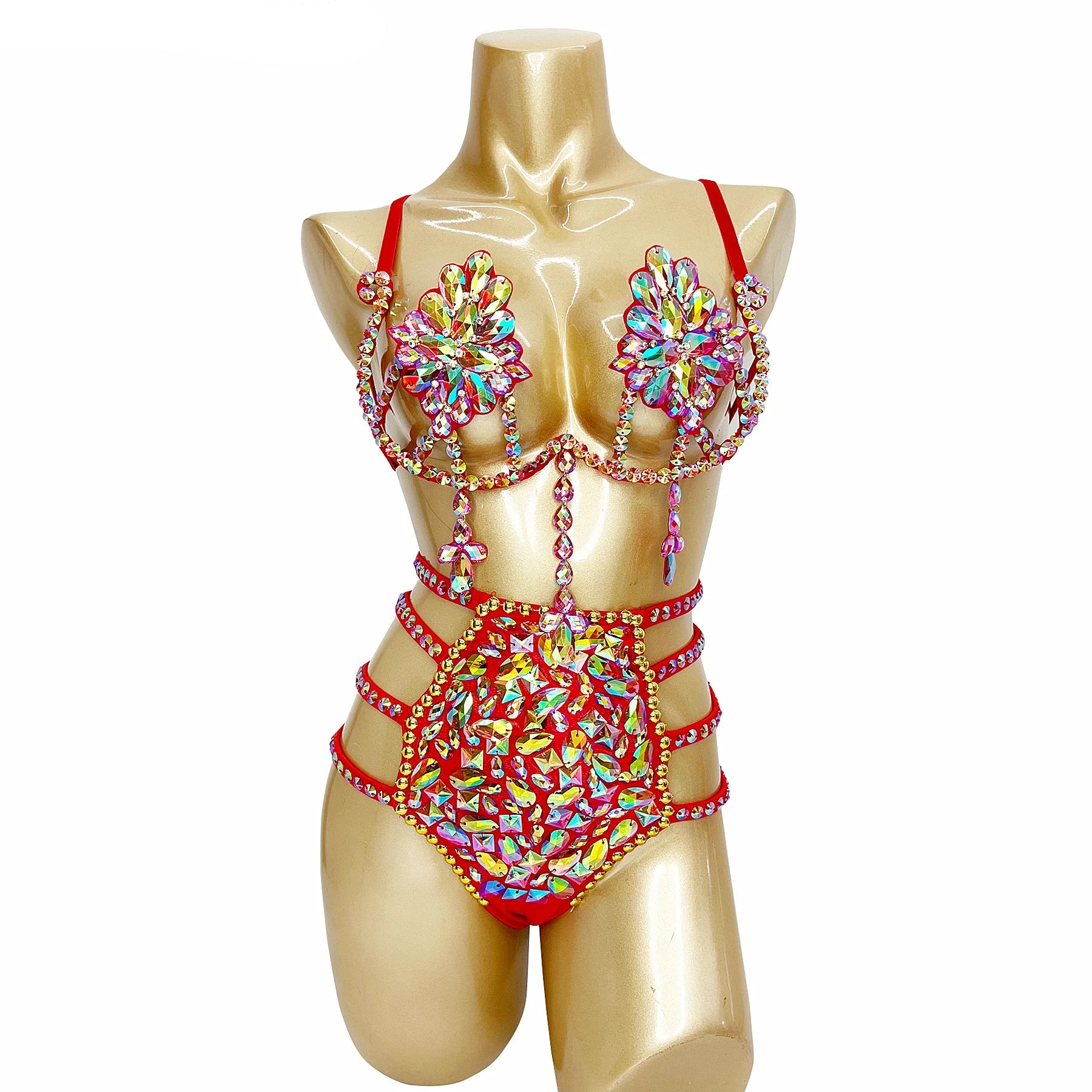 Sparkly Samba Carnival Stone Wire Bra & Bikini Bottom Set Stage Costume