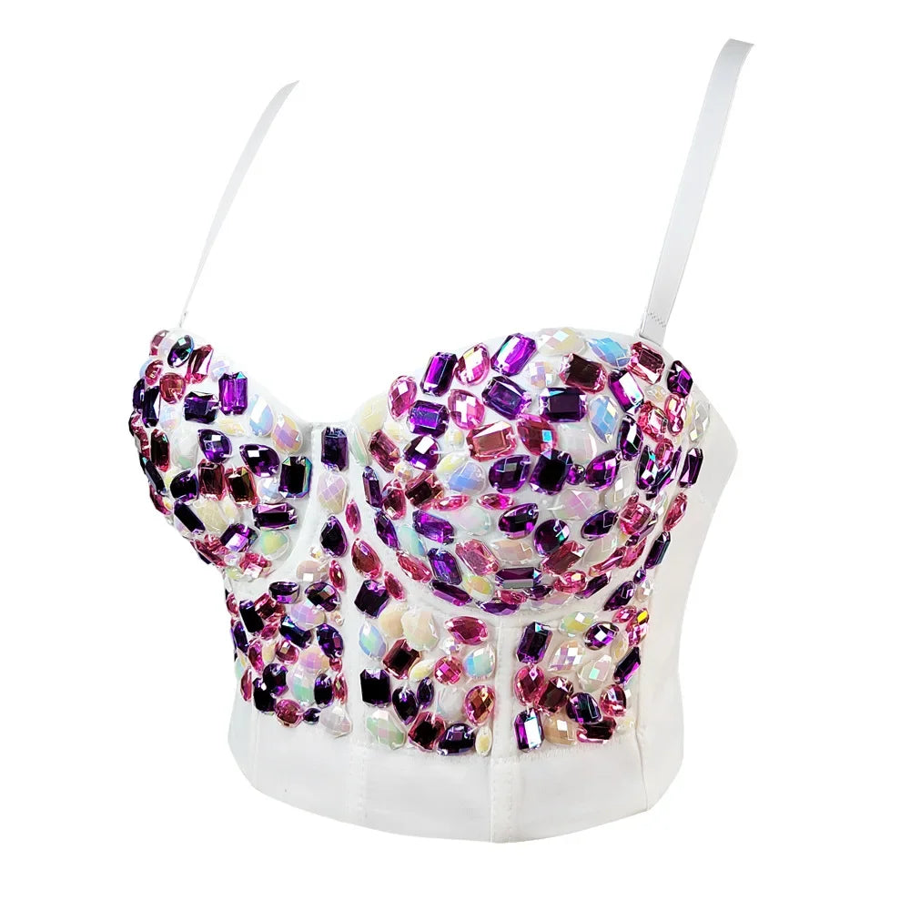 Sparkly Diamond Rhinestone Corset Top Showgirl Stage Performance Push-Up Bustier