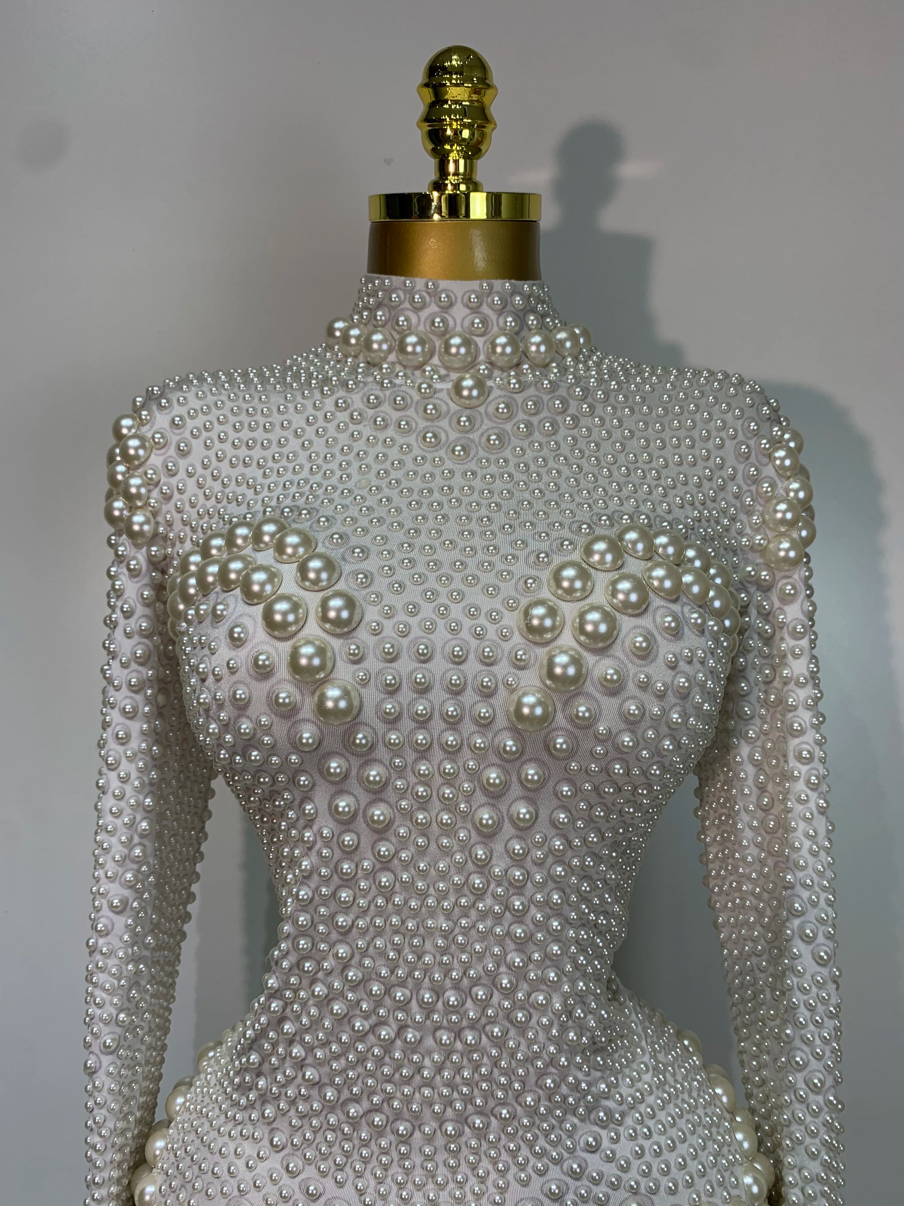 Luxury Pearl Long Sleeve Spandex Stretch Bodysuit Evening Stage Performance Costume
