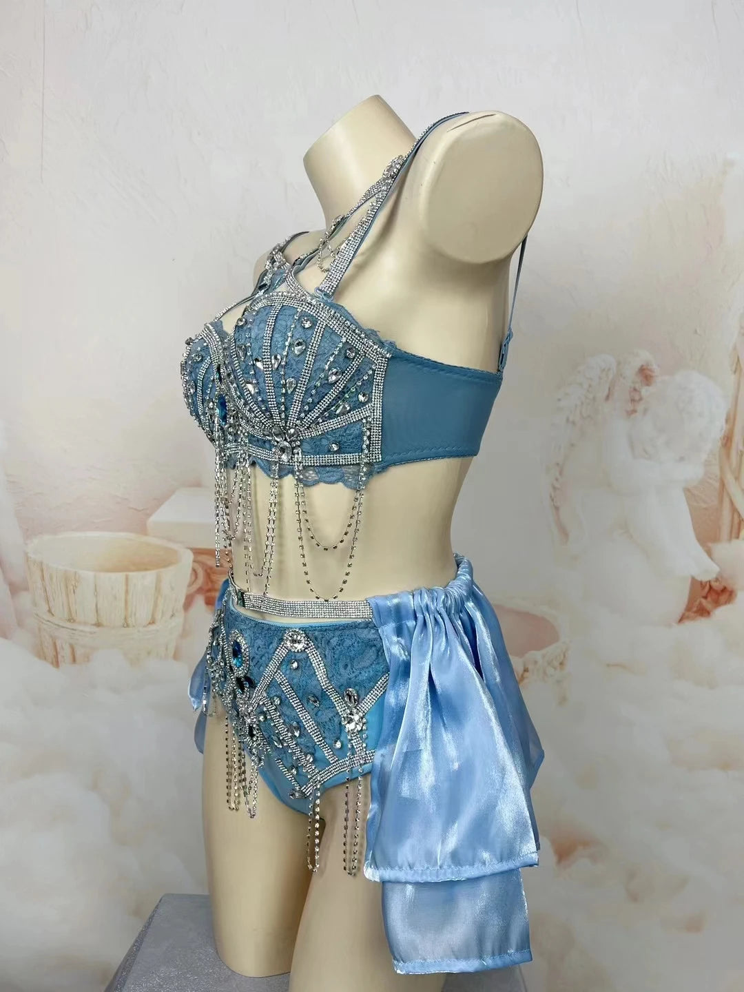 Sapphire Blue Rhinestone Bikini & Micro Skirt 2-Piece Stage Dance Costume Set