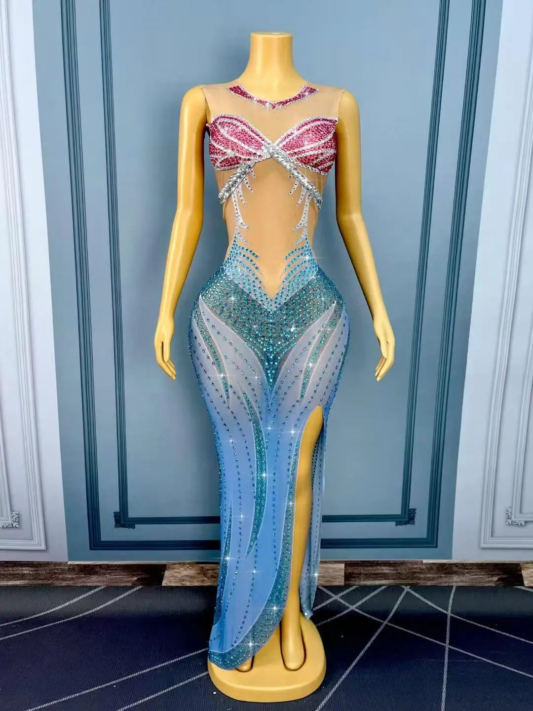 Women's Rhinestone Trim Fit Maxi Dress | Shining Body-Con Gown for Birthday, Wedding & Red Carpet