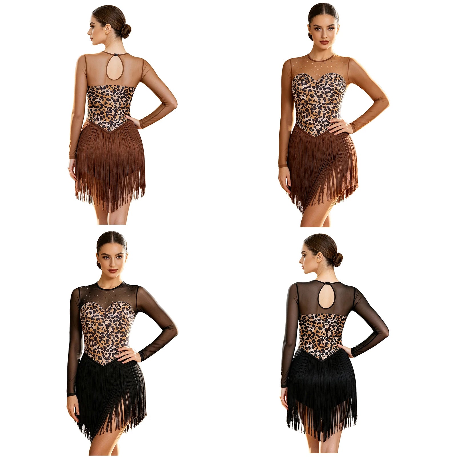 Leopard Rhinestone Fringe Latin Dance Bodysuit Mesh Long Sleeve Stage Performance Dress