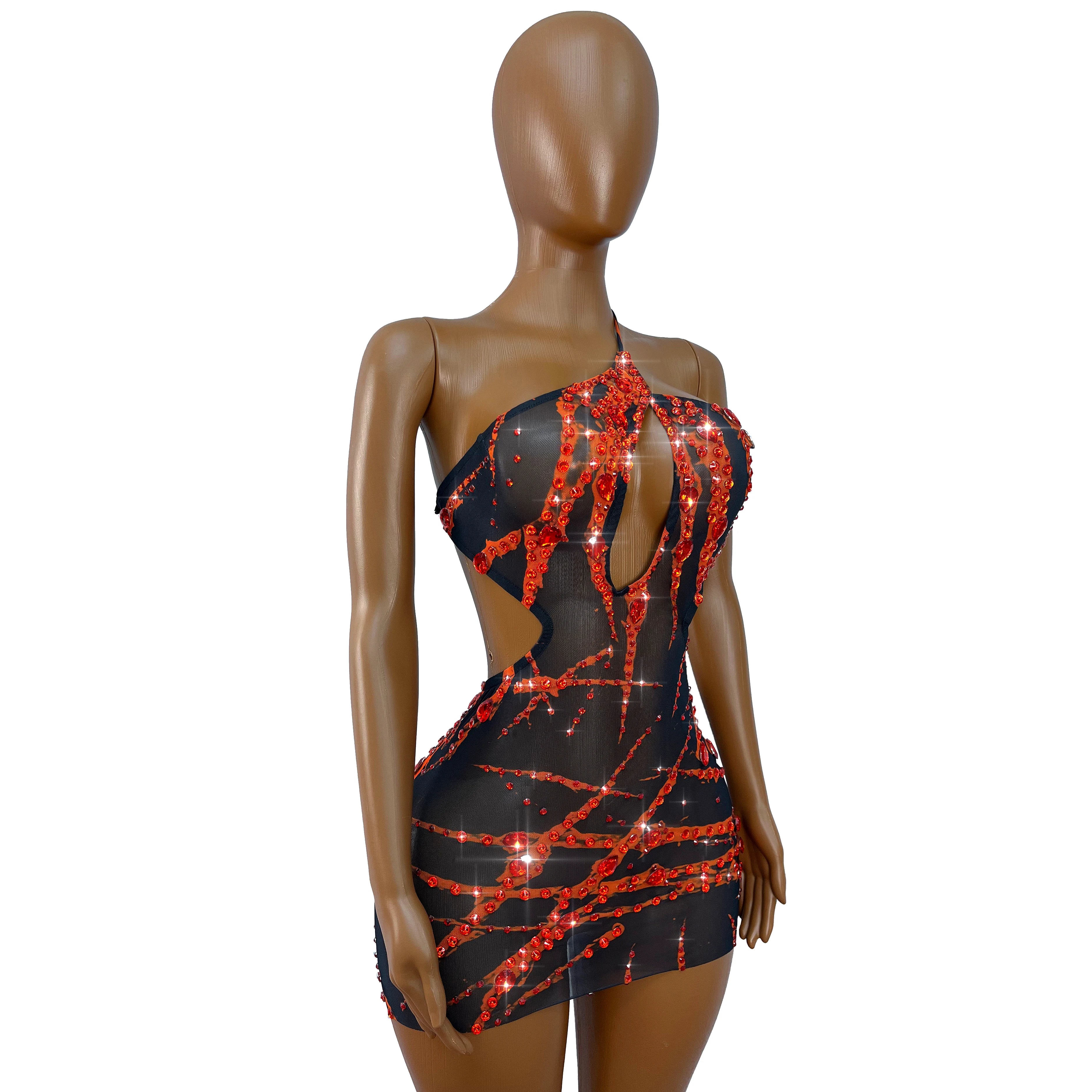 Crimson Flame Rhinestone Mesh Mini Dress Keyhole Cutout Backless Stage Costume