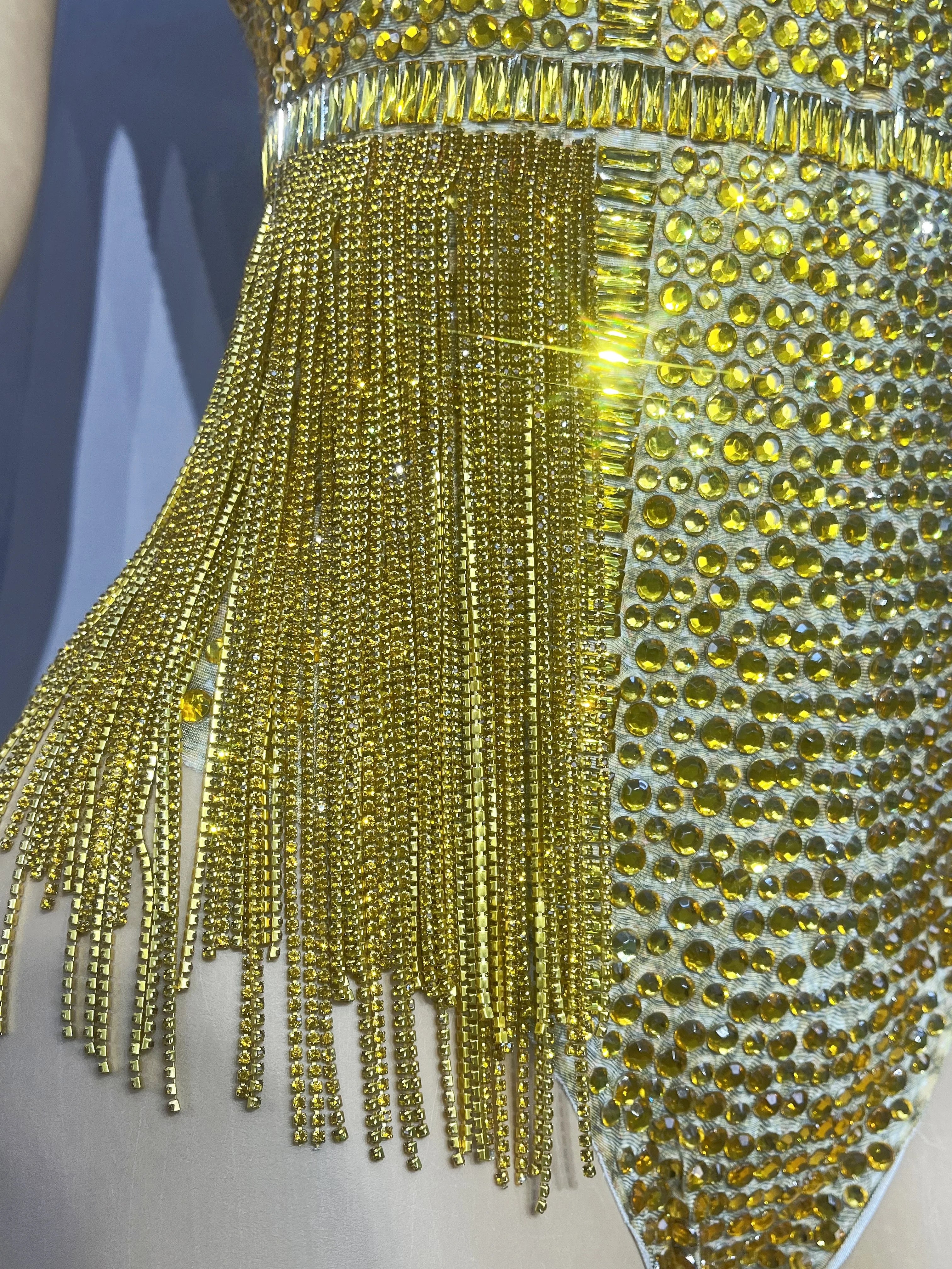 Gold Crystal Rhinestone Chain High-Cut Stage Performance Bodysuit Leotard