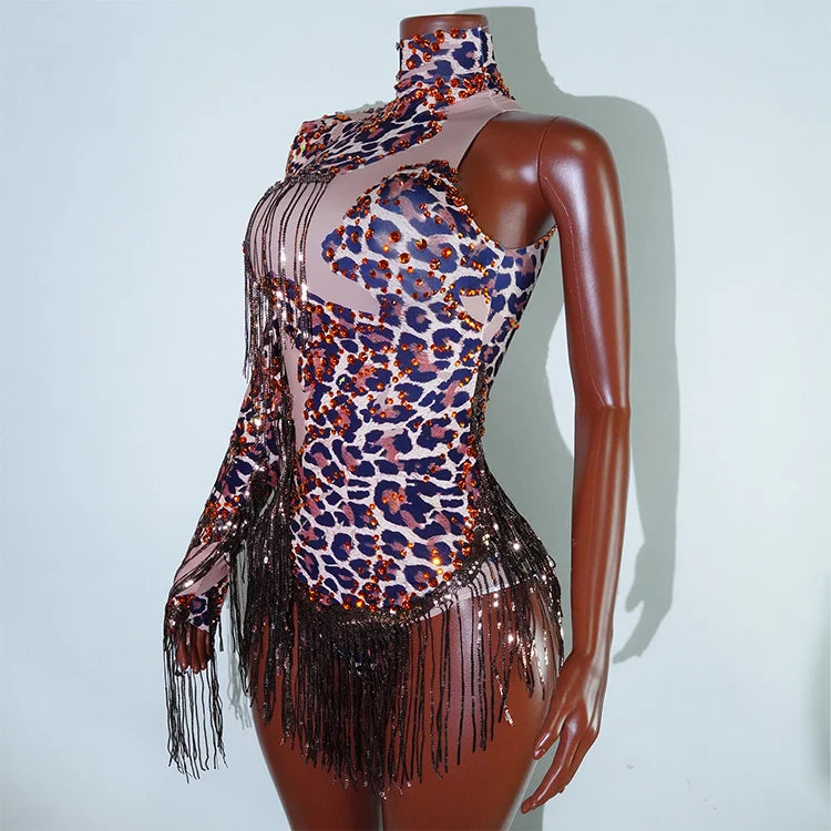 Leopard Sequin Fringe Asymmetrical Bodysuit One-Sleeve Stage Performance Costume