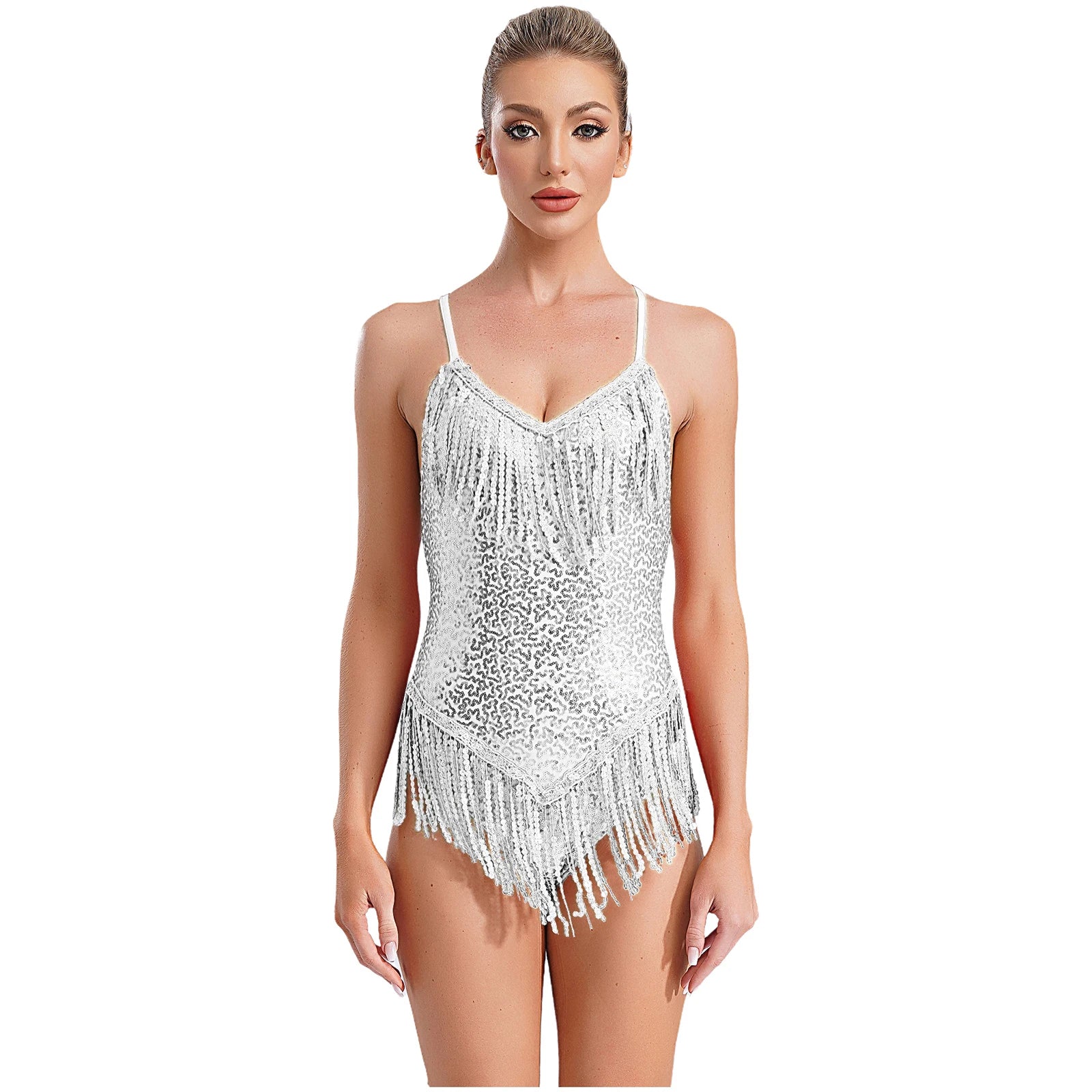 Sequins Fringed Cross Back Latin Dance Leotard Sleeveless V-Neck Bodysuit