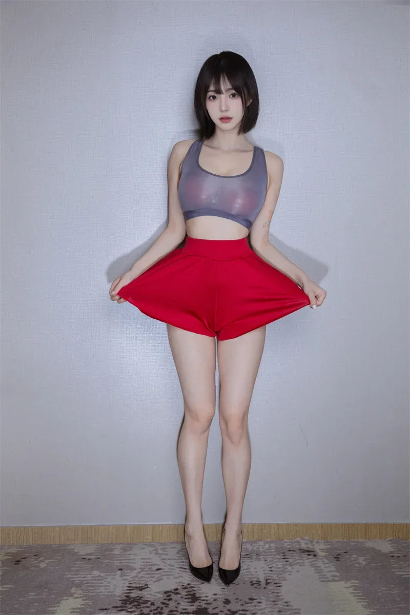 Ice Silk High-Waist Split Flared Mini Shorts High-Stretch Micro Hot Pants
