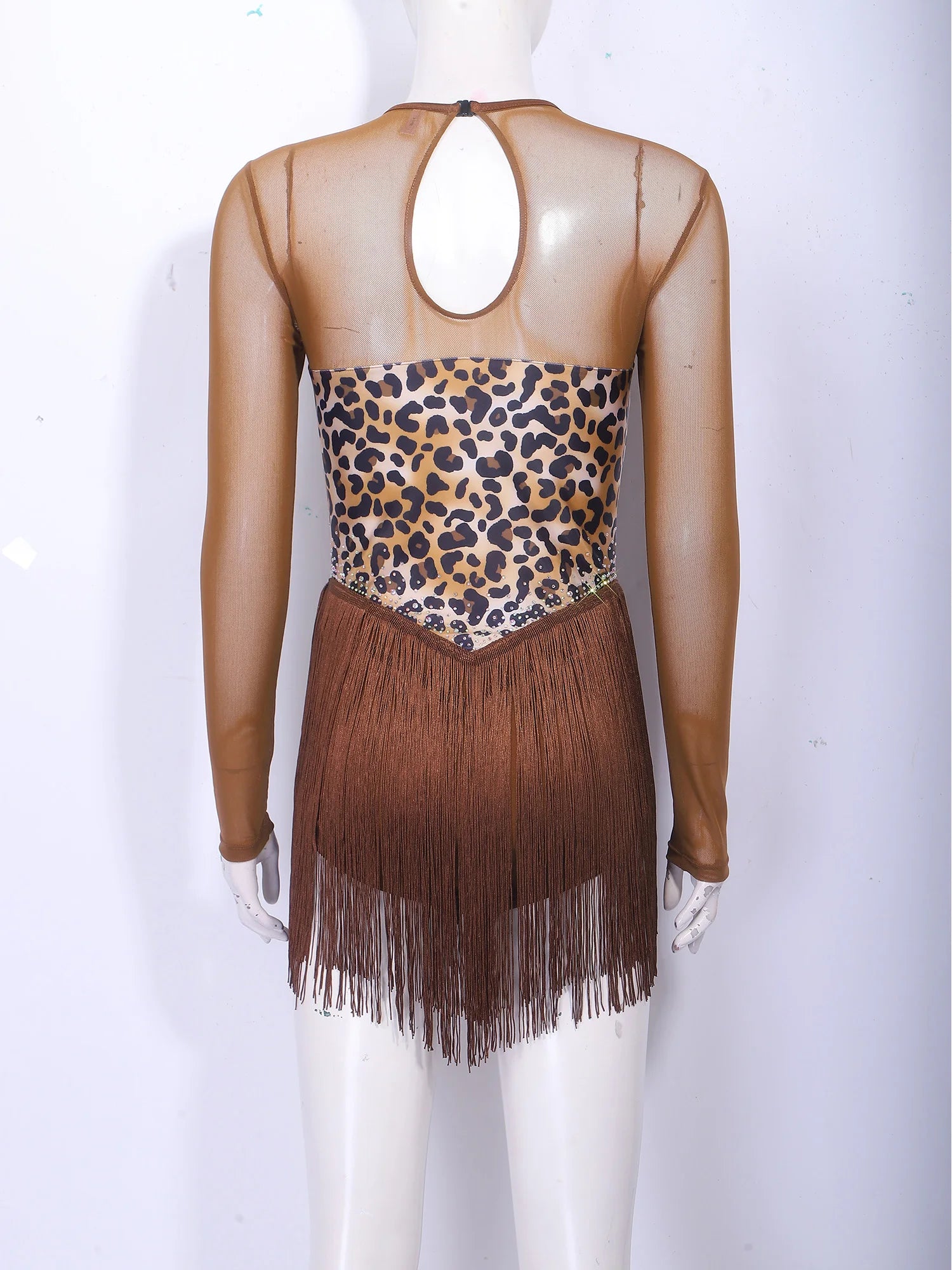 Leopard Rhinestone Fringe Latin Dance Bodysuit Mesh Long Sleeve Stage Performance Dress