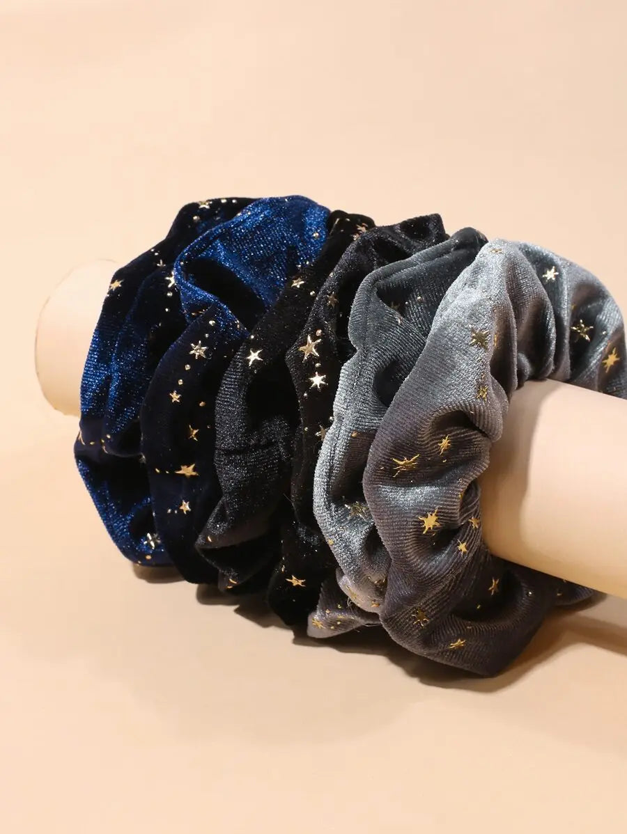 Vintage-Inspired Velvet Gold Star Hair Scrunchies 6-Piece Set