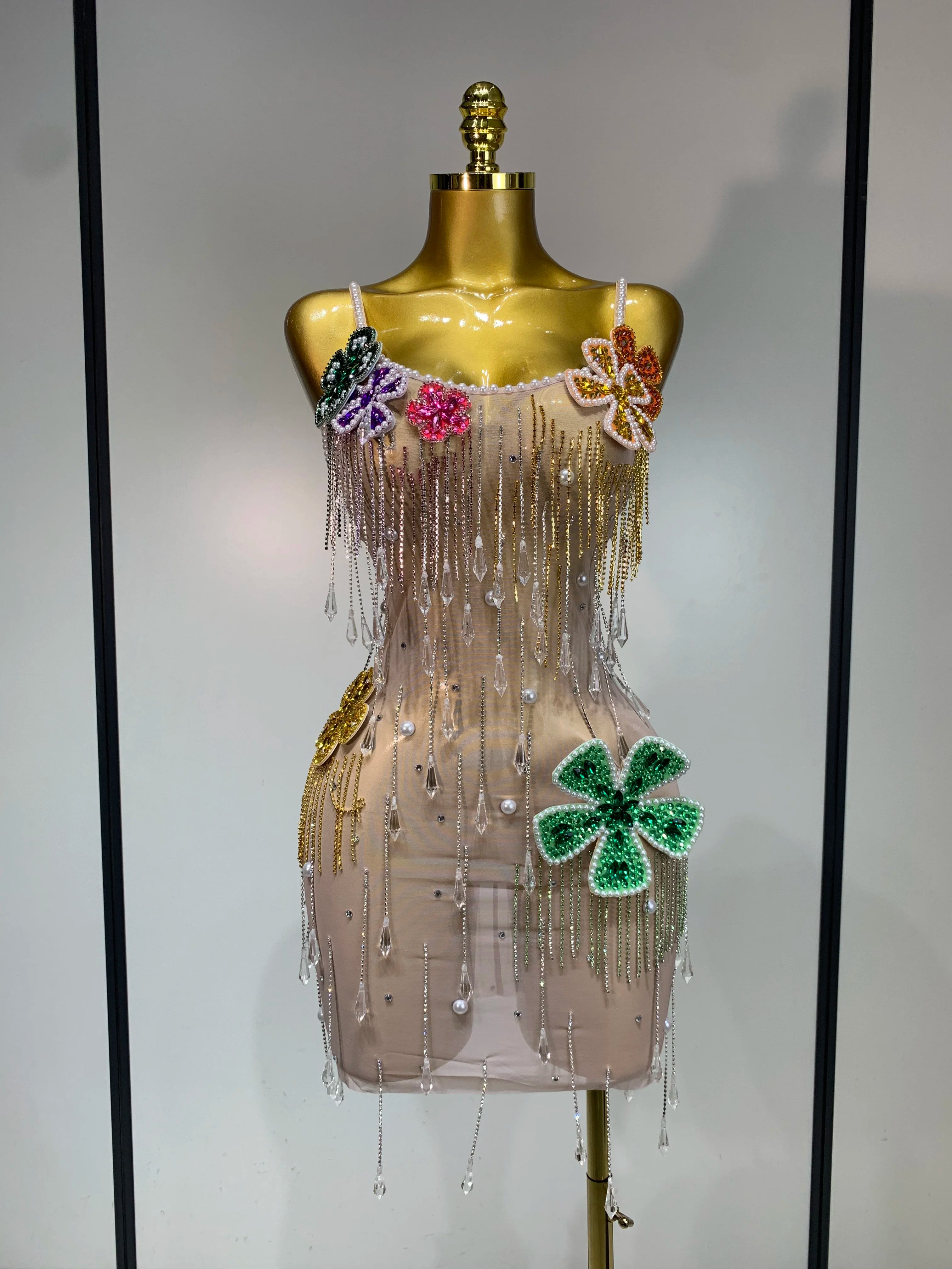 Colorful Rhinestone Pearl Sheer Dress & Two-Piece Mini Skirt Set Celebration Outfit