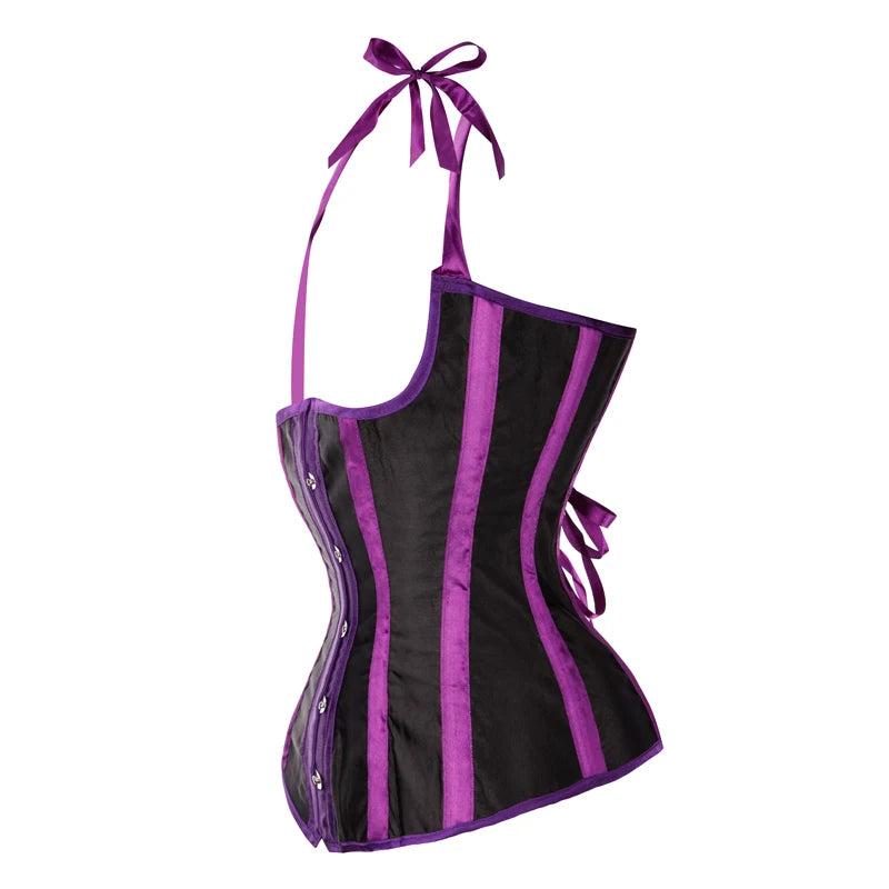 Gothic Striped Satin Halter Underbust Corset Vest 12 Spiral Steel Bones Bustier