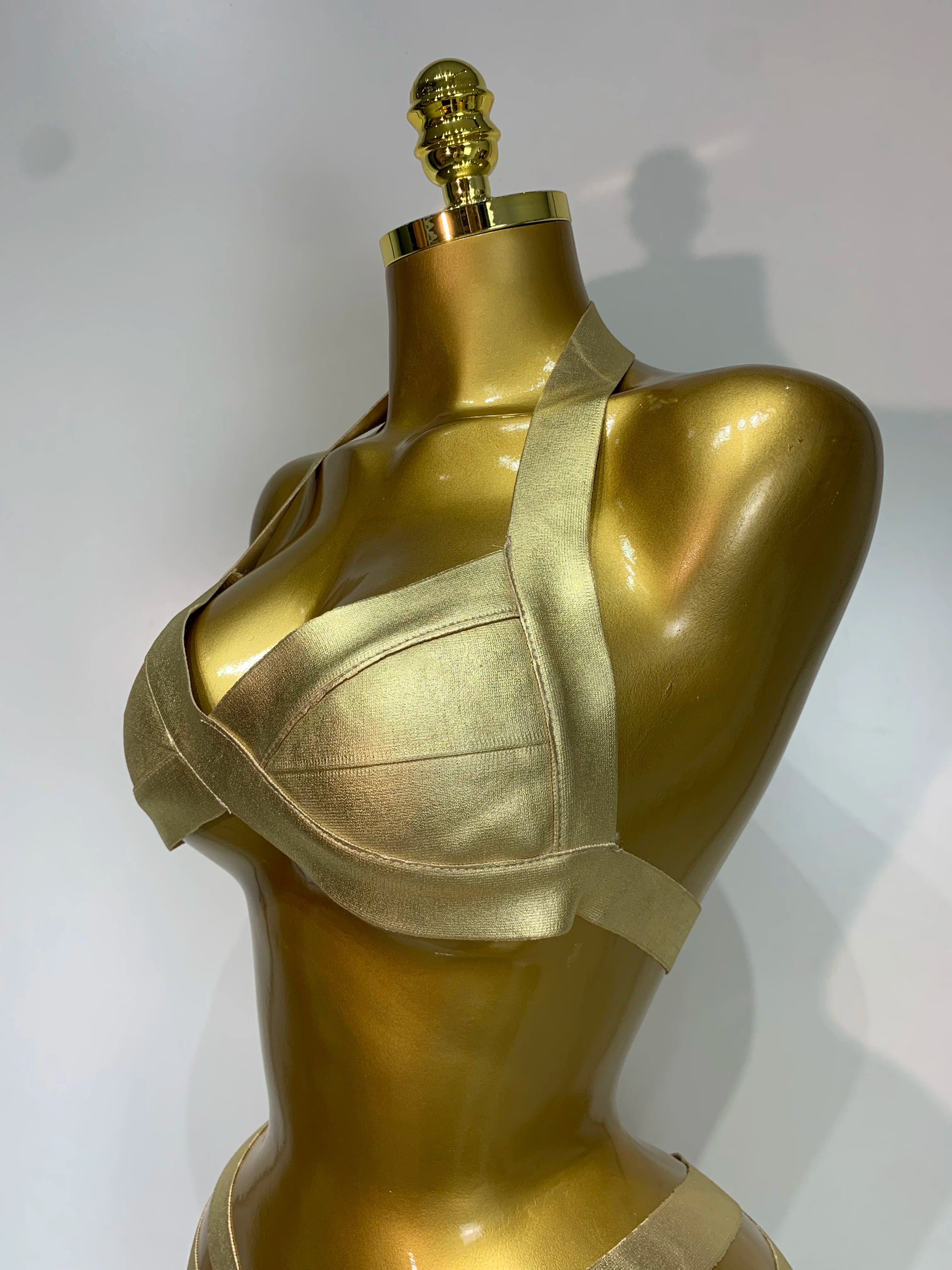 Gold Knitted Halter Bandage Two-Piece Set Stage Performance Costume Outfit