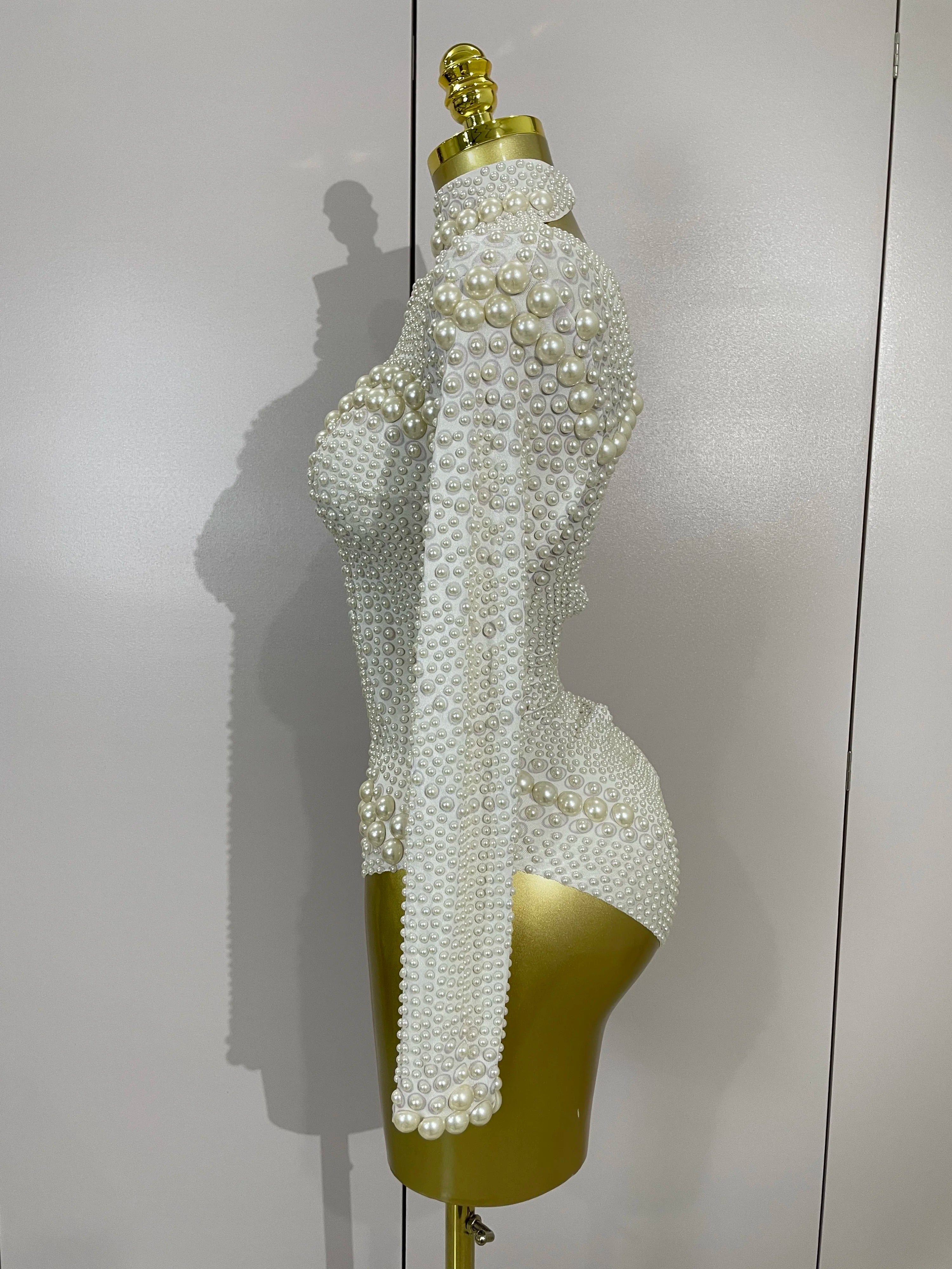 Luxury Full Pearl Long-Sleeved Stage Bodysuit Leotard Evening Performance Costume