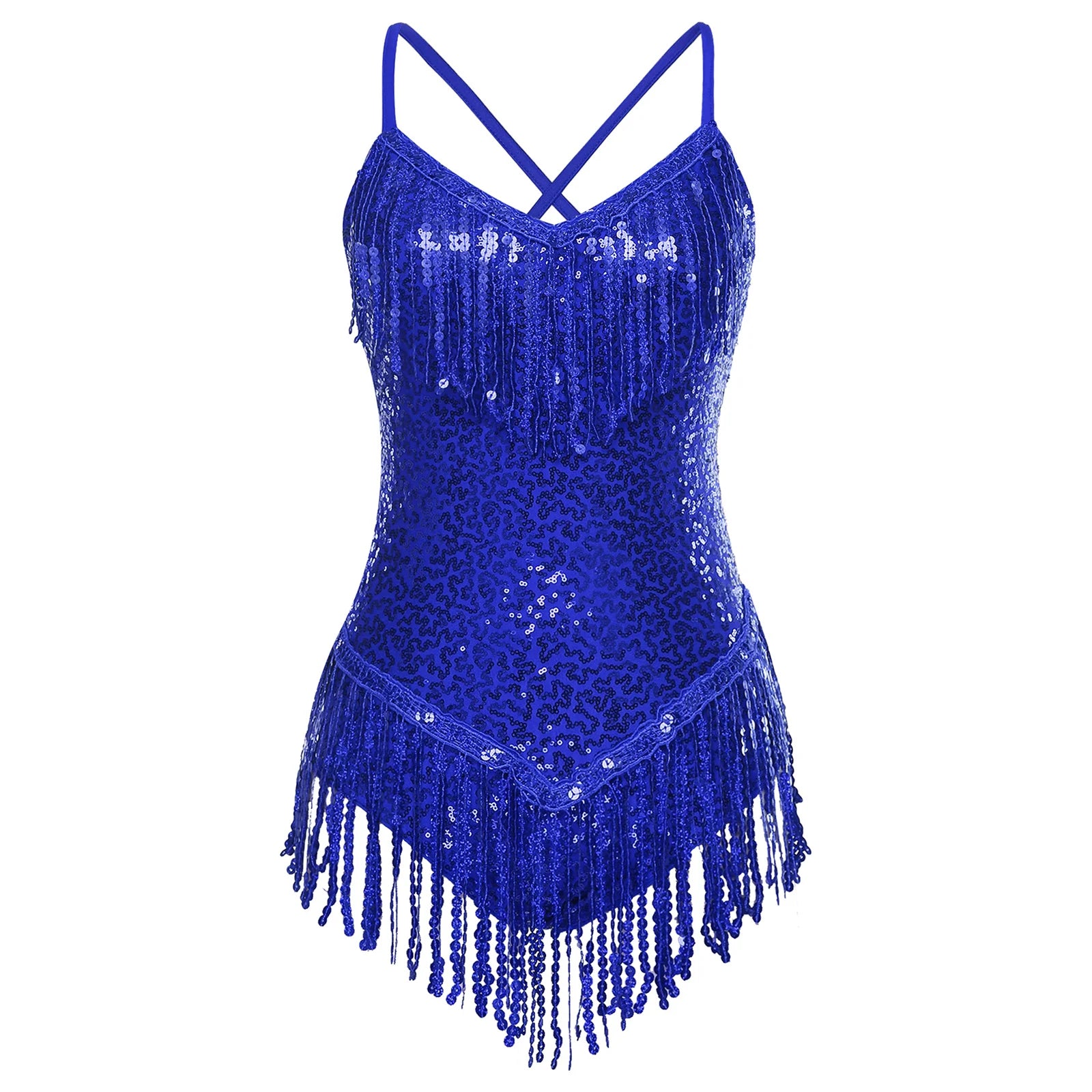 Sequins Fringed Cross Back Latin Dance Leotard Sleeveless V-Neck Bodysuit