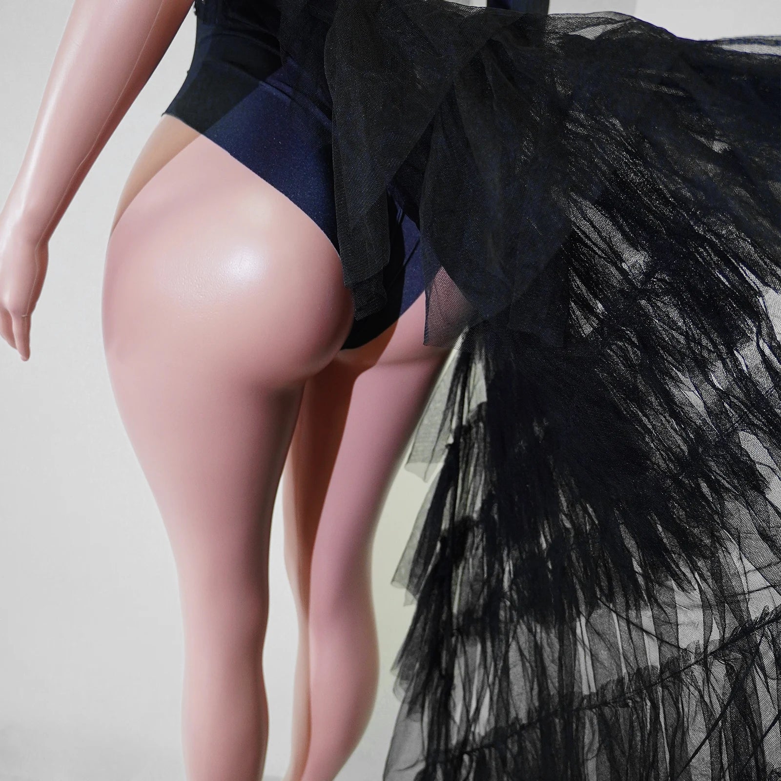Black Rhinestone One-Shoulder Bodysuit & Trailing Tulle Train Stage Costume Set