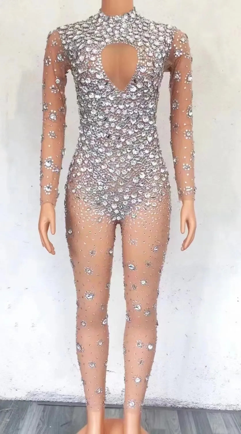 Sparkling Full Crystal Illusion Jumpsuit Long Sleeve Rhinestone Catsuit Stage Wear
