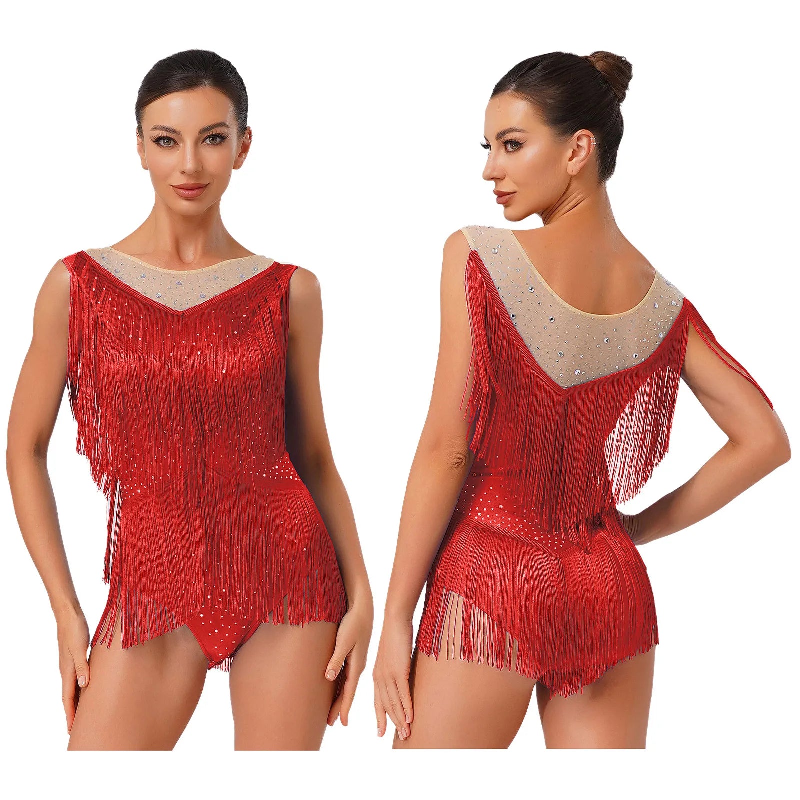Sparkly Rhinestone & Tassel Fringe Latin Dance Leotard Crew Neck Bodysuit