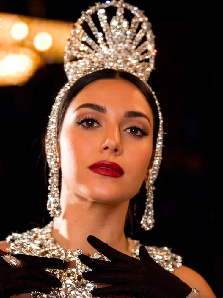 Oversized Crystal Rhinestone Crown Tiara Showgirl Pageant Headpiece