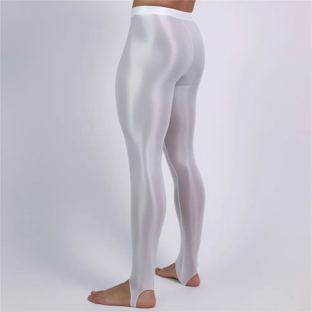 Men's Slim Tights Pencil Pants Stain Smooth  Oil Glossy Shiny Elastic Yoga Leggings Sheer See Through Full Pants Plus Size