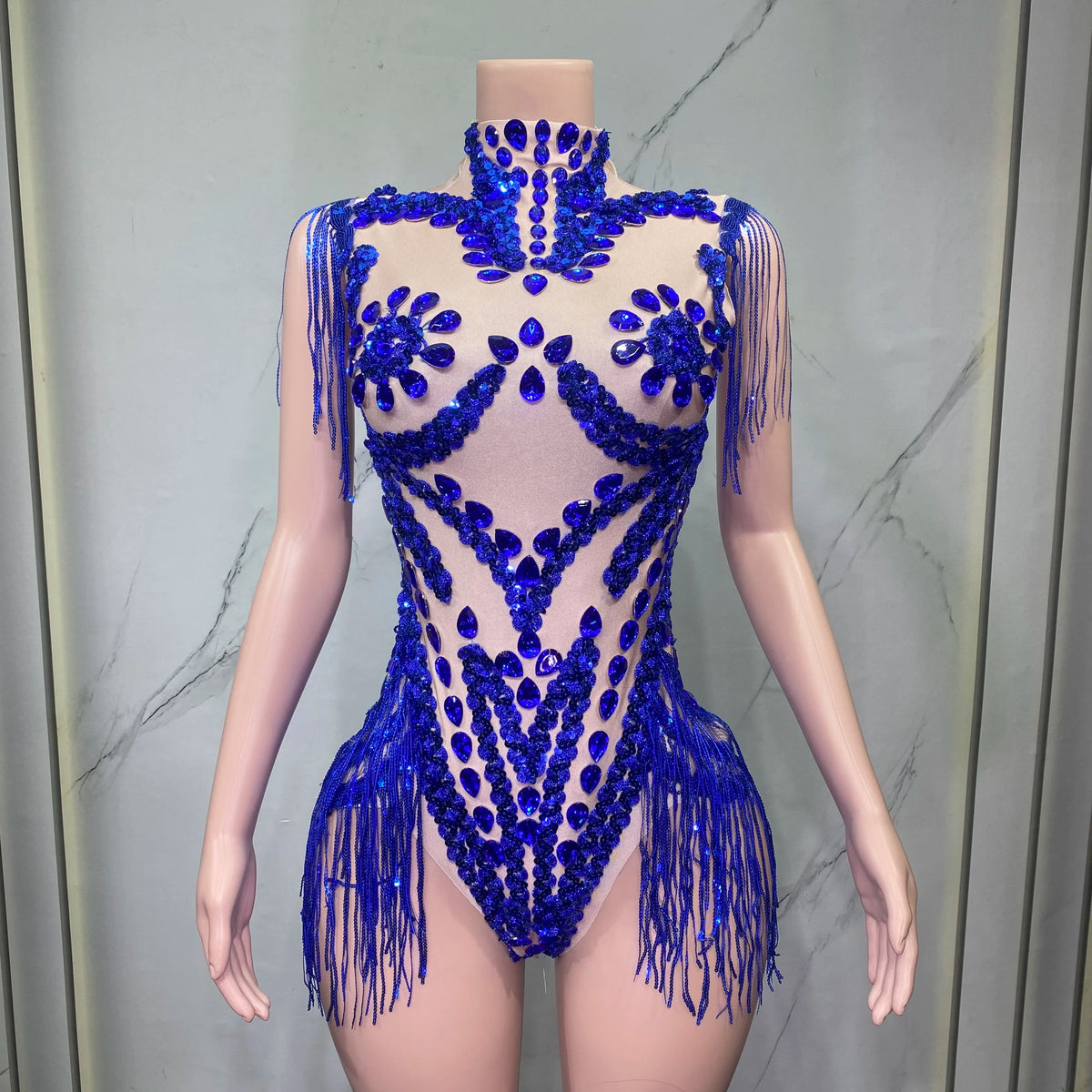 Sheer Mesh Rhinestone Performance Bodysuit for Women
