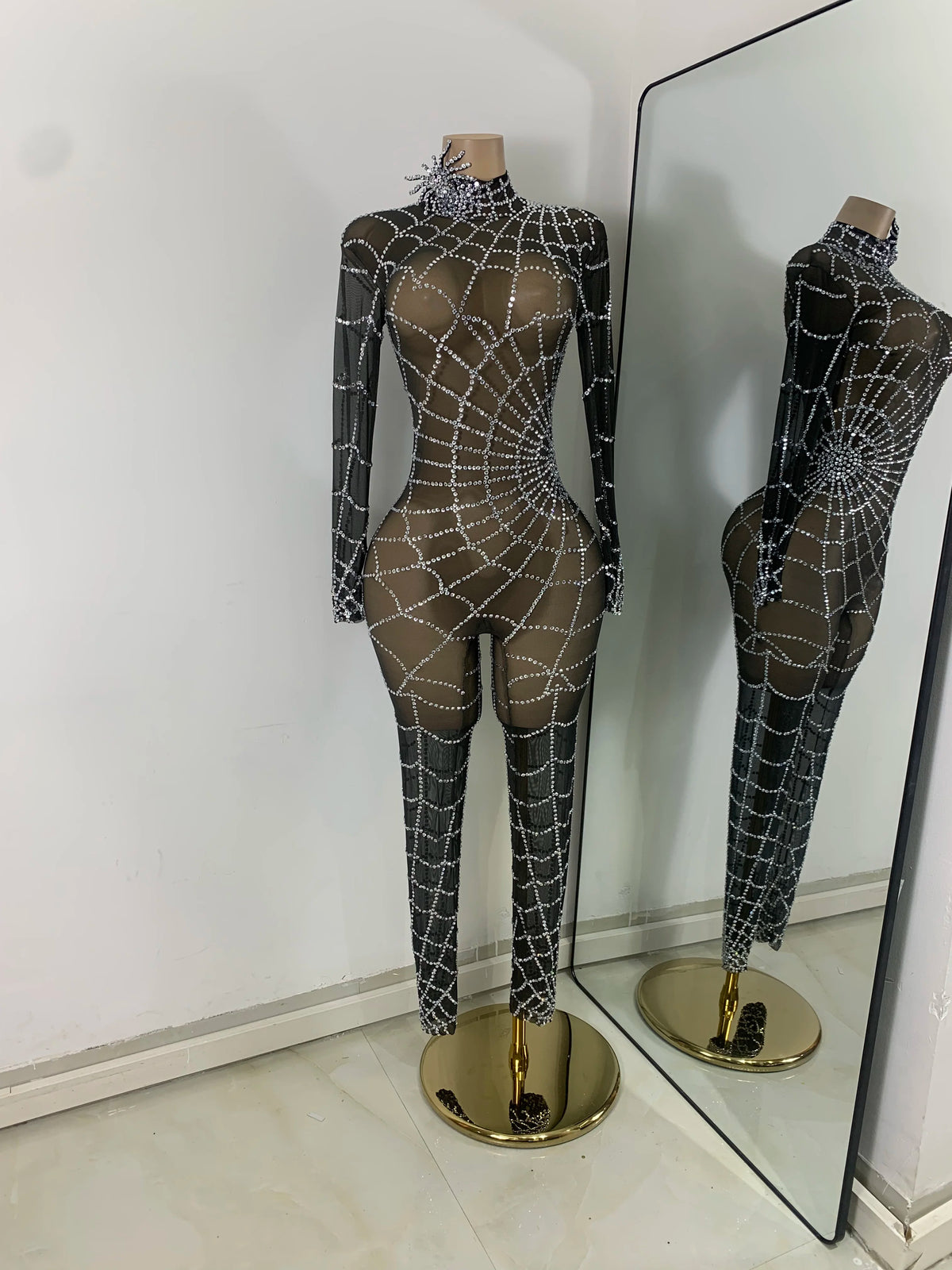 Black Spider Mesh Jumpsuit For Women Sexy Long Sleeve Performance Rompers Dance Show Stage Costume
