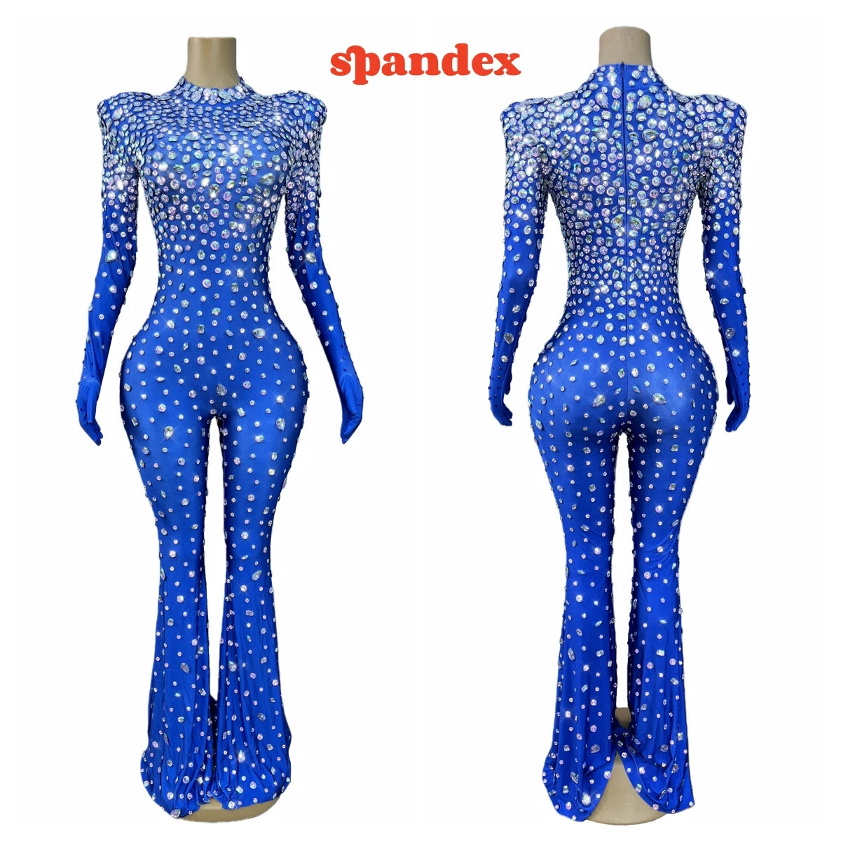 High Grade Sparkly Rhinestones Bell-Bottoms Jumpsuit Cocktail Party Fashion Show Singer Dancer Performance Costume
