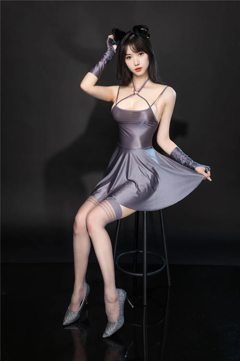 Sexy Backless Satin Smooth Oil Glossy Pleated Micro MINI Dress Bandage Sleeveless Tight Uniform Maid Ruffled Dress Stage Wear