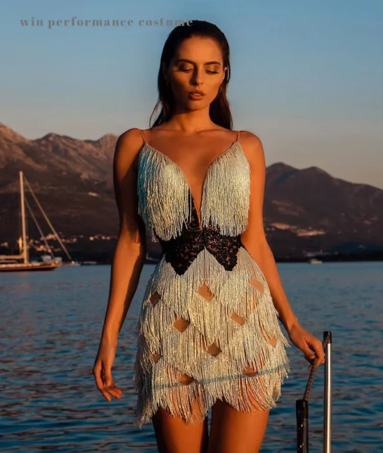 White Pearl Rhinestone Fringe Mini Dress Spaghetti Strap Cocktail Stage Costume