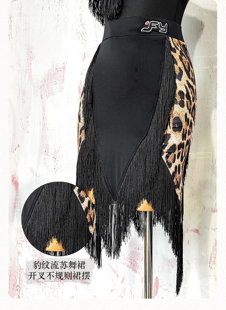 Black Open-Back Leotard & Leopard Print Fringe Skirt Latin Dance Costume Set