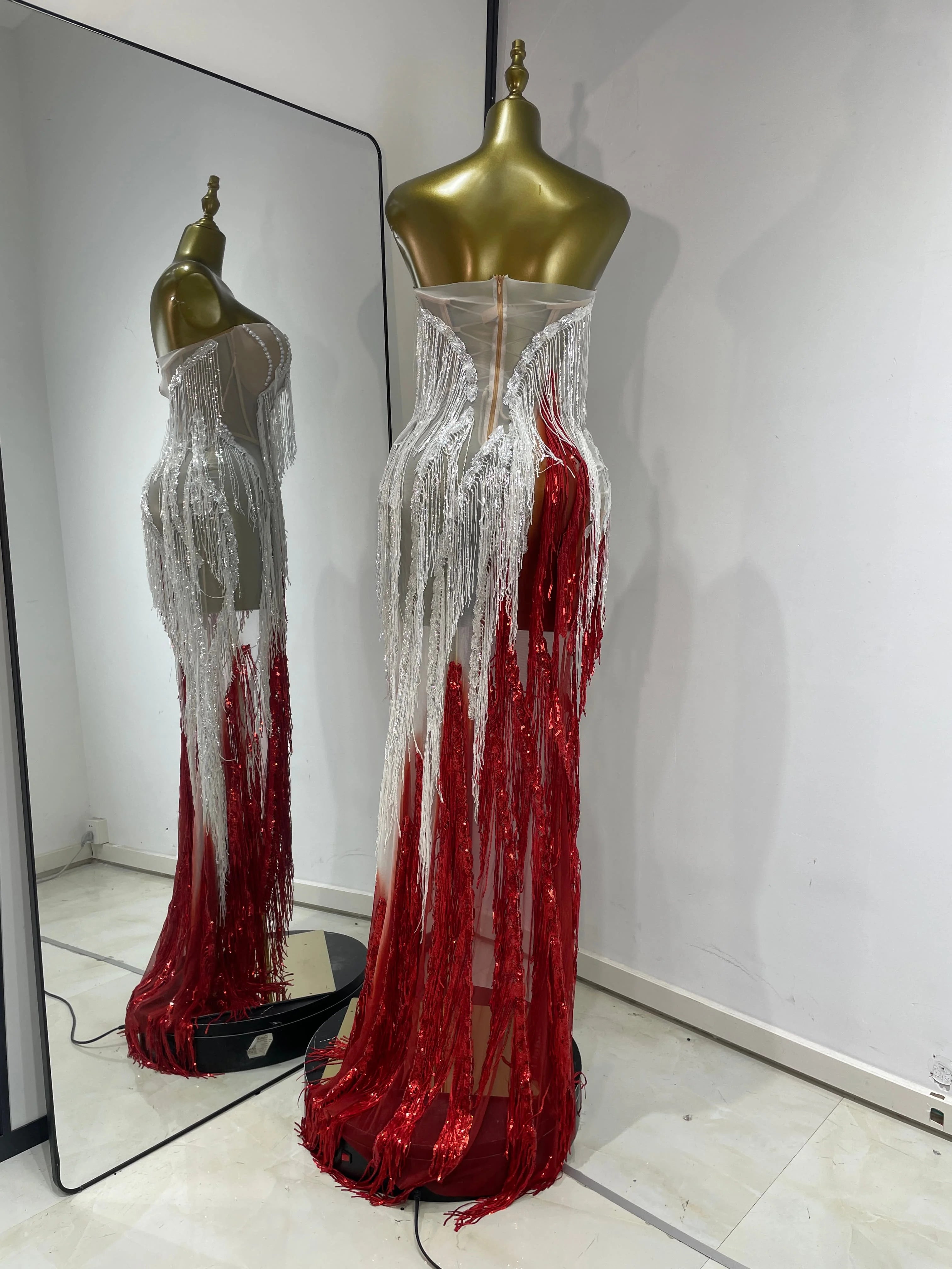 Pearl & Crystal Bustier High-Slit Maxi Gown Cascading Ombré Fringe Evening Dress