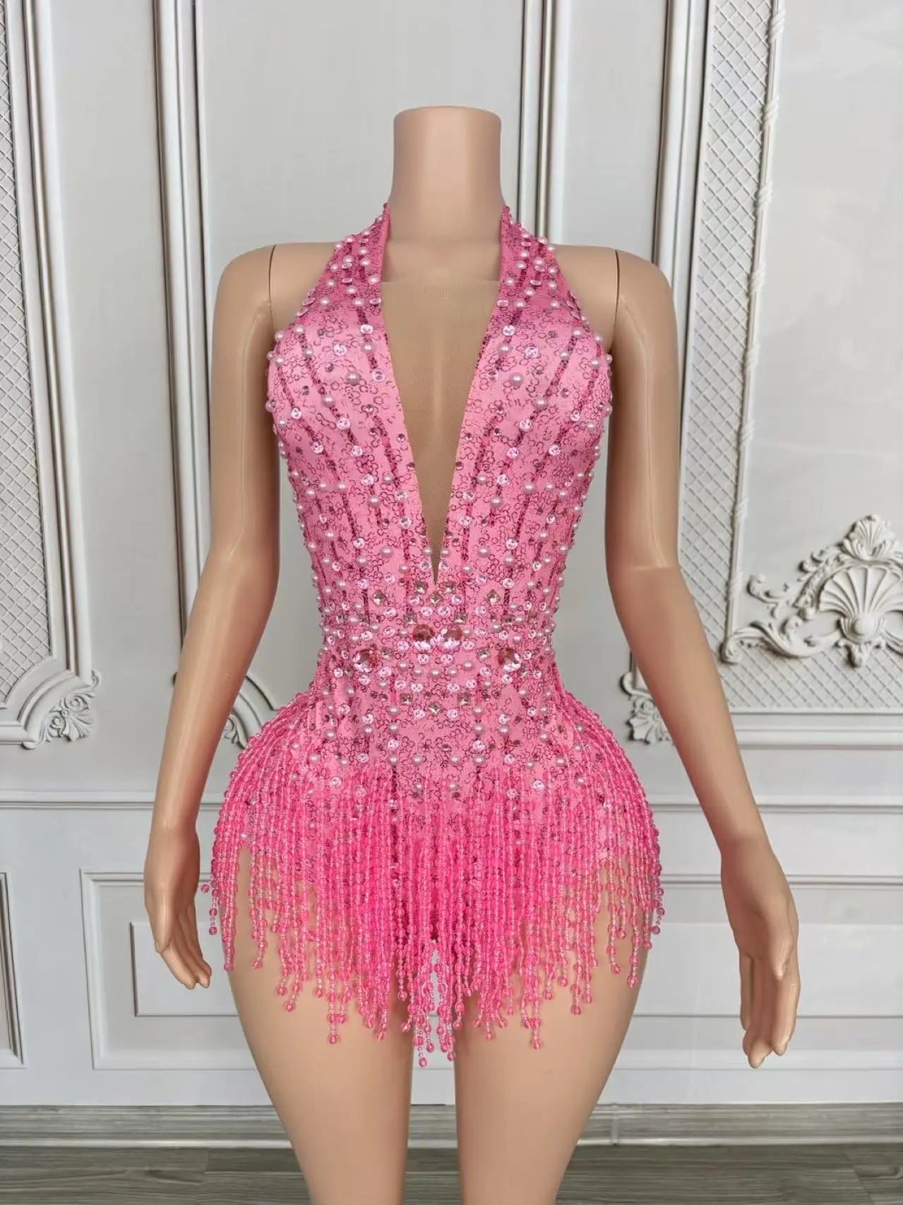 Crystal Rhinestone Fringe Sleeveless Bodysuit & Aerial Dance Leotard Costume