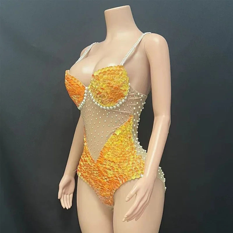 Orange Sequin & Pearl Performance Bodysuit