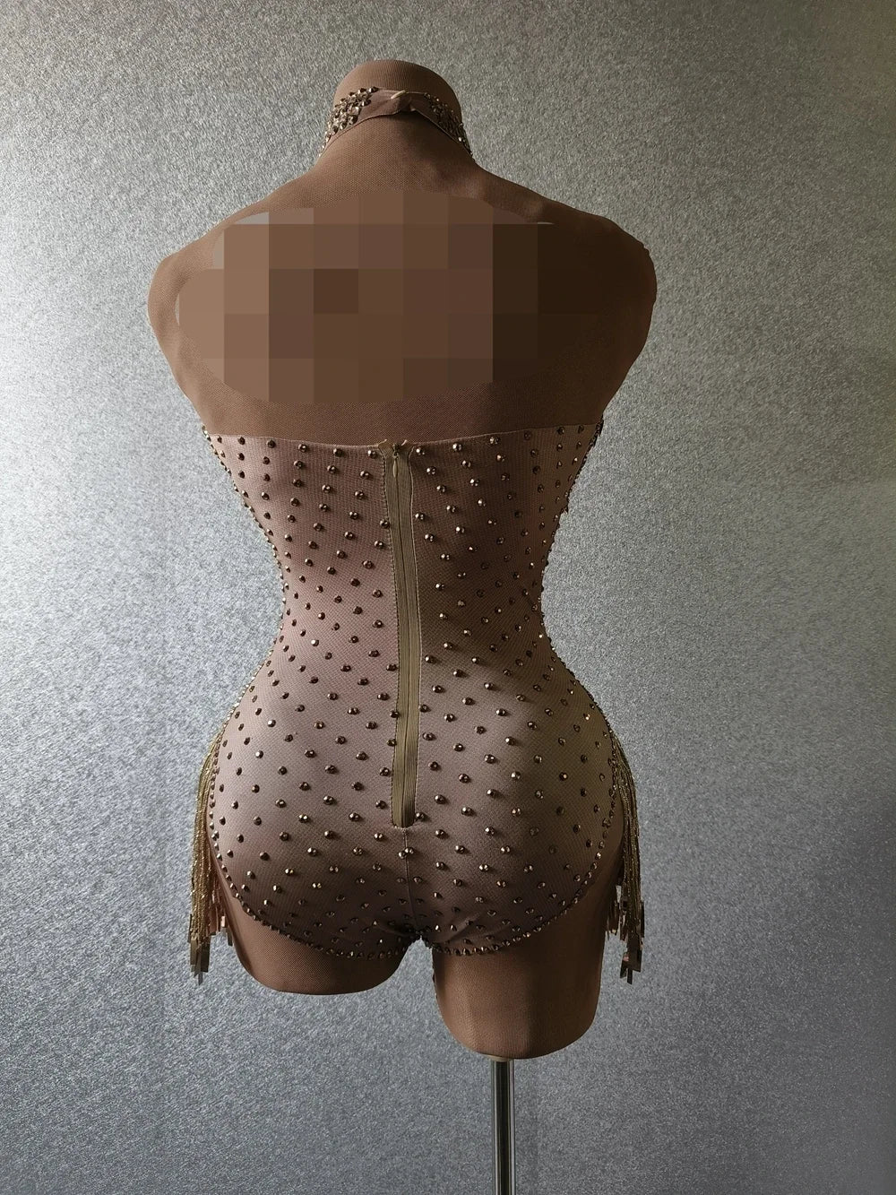 Gold Sparkly Rhinestone & Sequin Deep V-Neck Leotard Stage Performance Costume