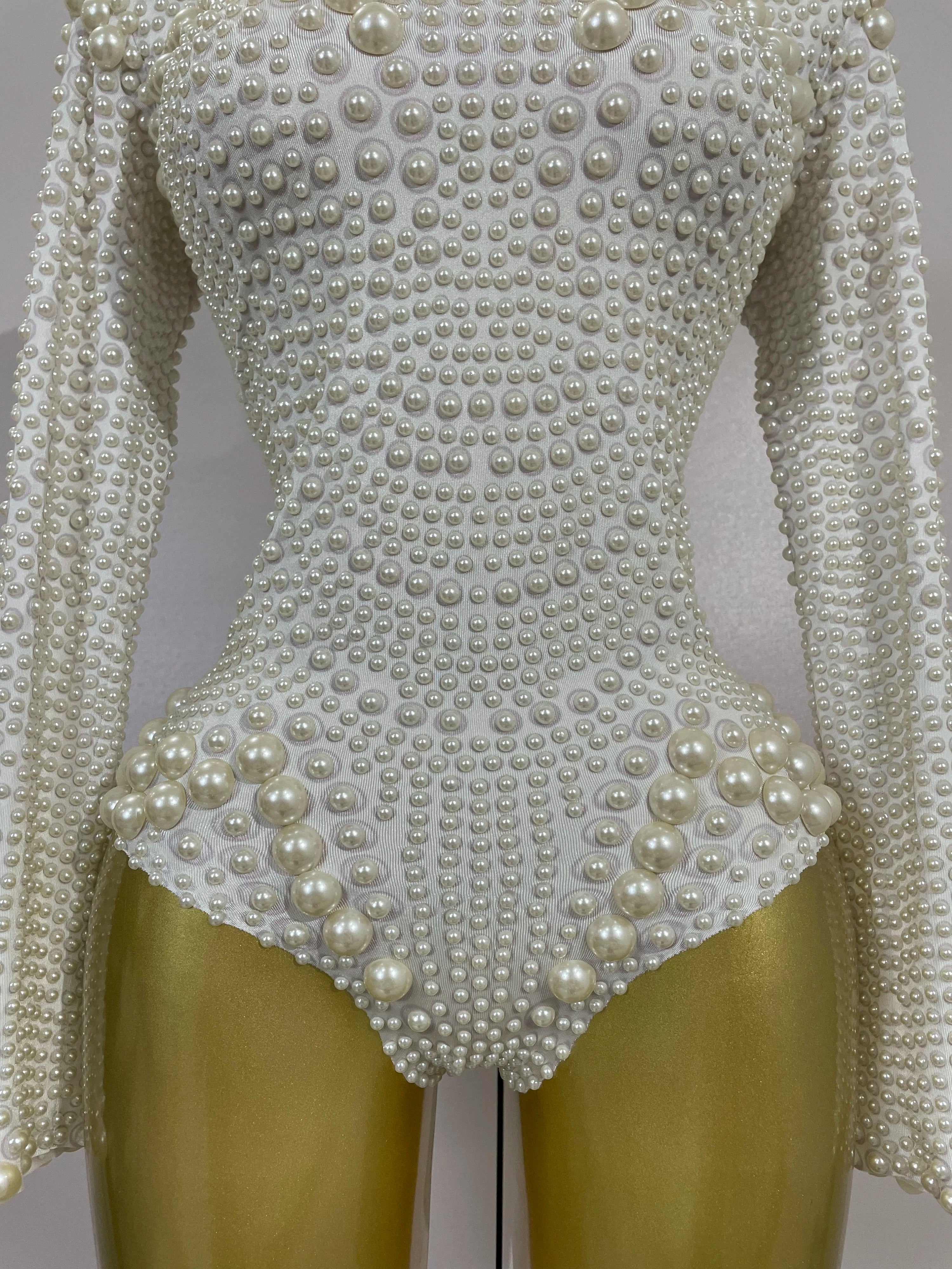 Luxury Full Pearl Long-Sleeved Stage Bodysuit Leotard Evening Performance Costume