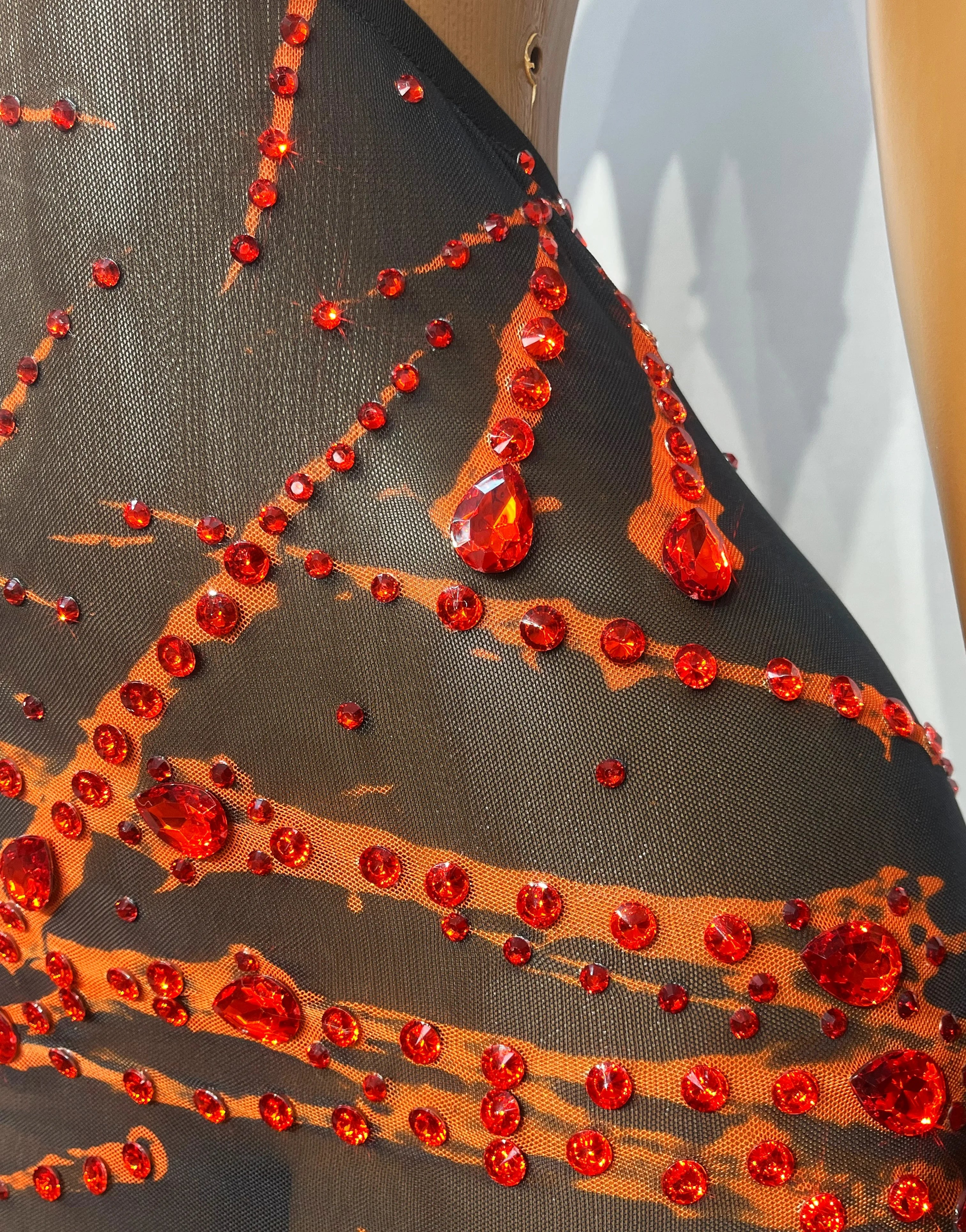 Crimson Flame Rhinestone Mesh Mini Dress Keyhole Cutout Backless Stage Costume