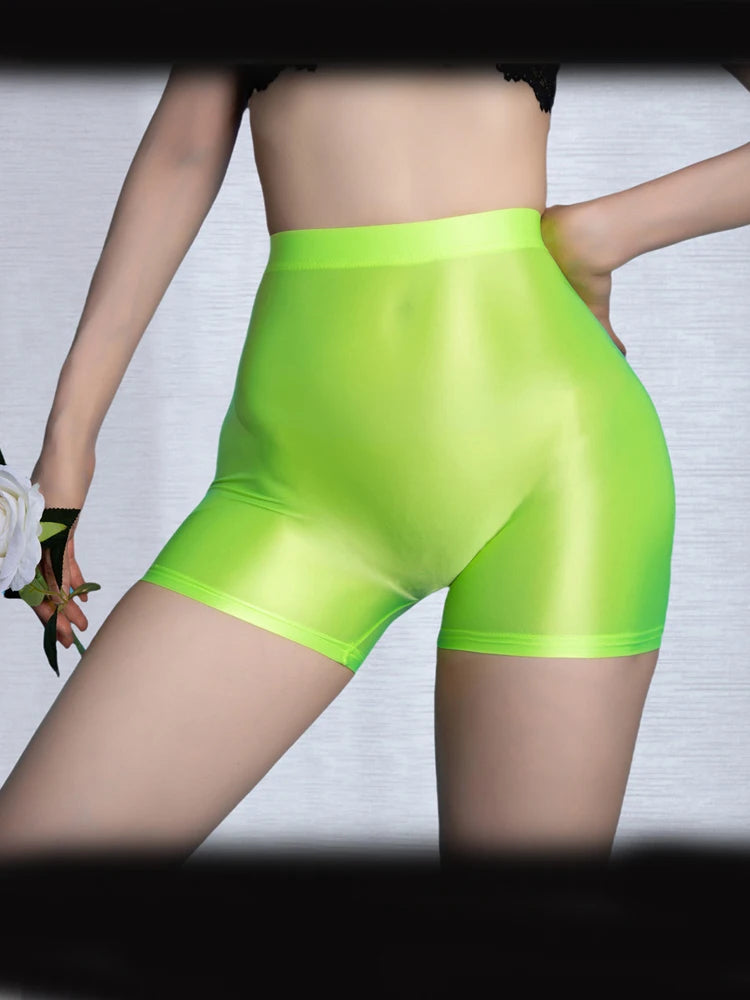 Seamless Oil Glossy High-Stretch Boyshorts Satin Sheer Safety Shorts
