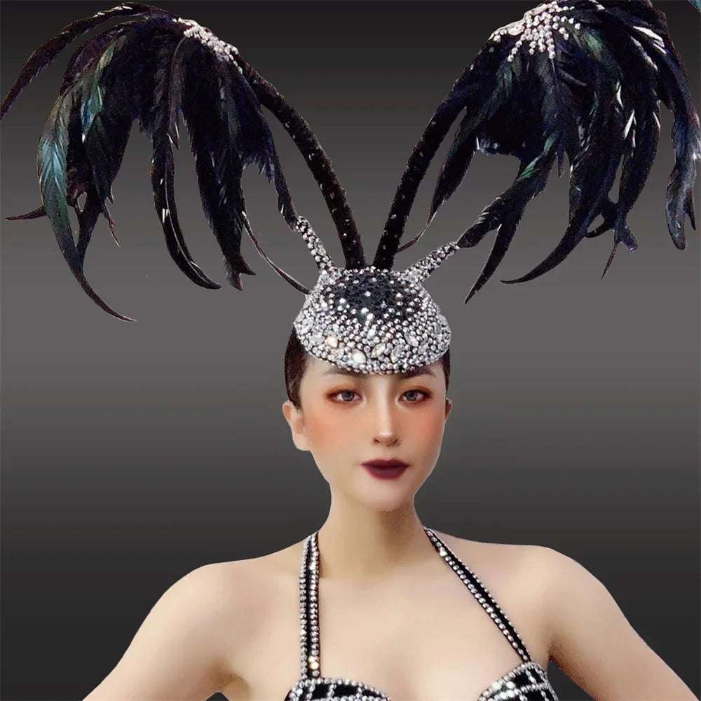 Black Rhinestone Grid Bikini & Feather Wing Headpiece Gogo Stage Costume Set