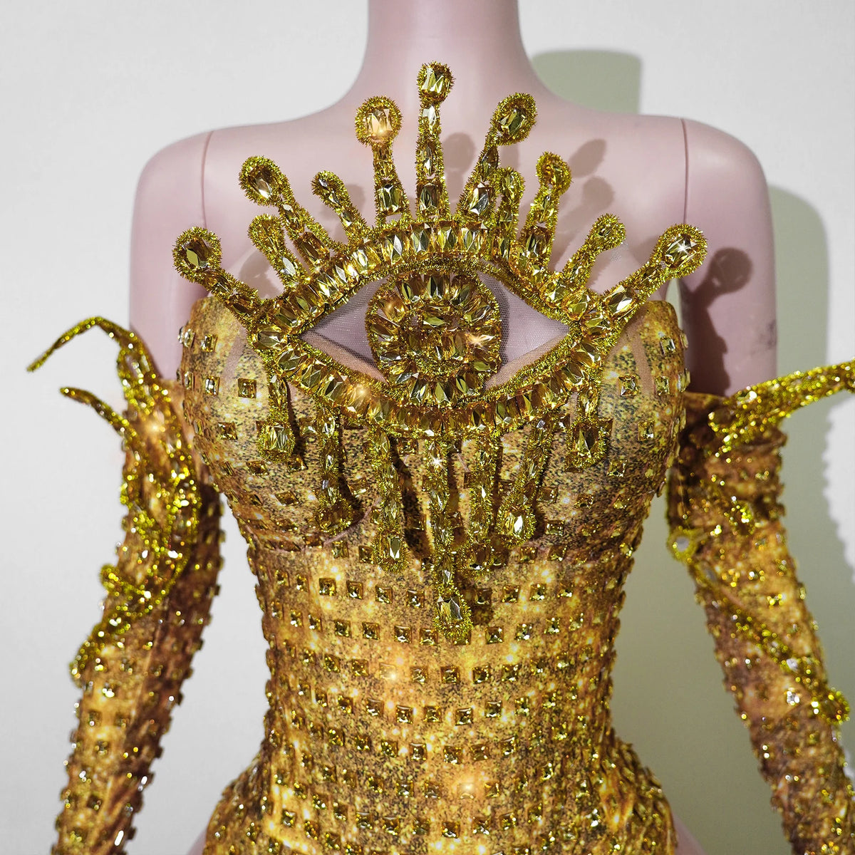 Sparkly Gold Rhinestone Bodysuit Sunburst Collar Spiked Glove Sleeves Costume